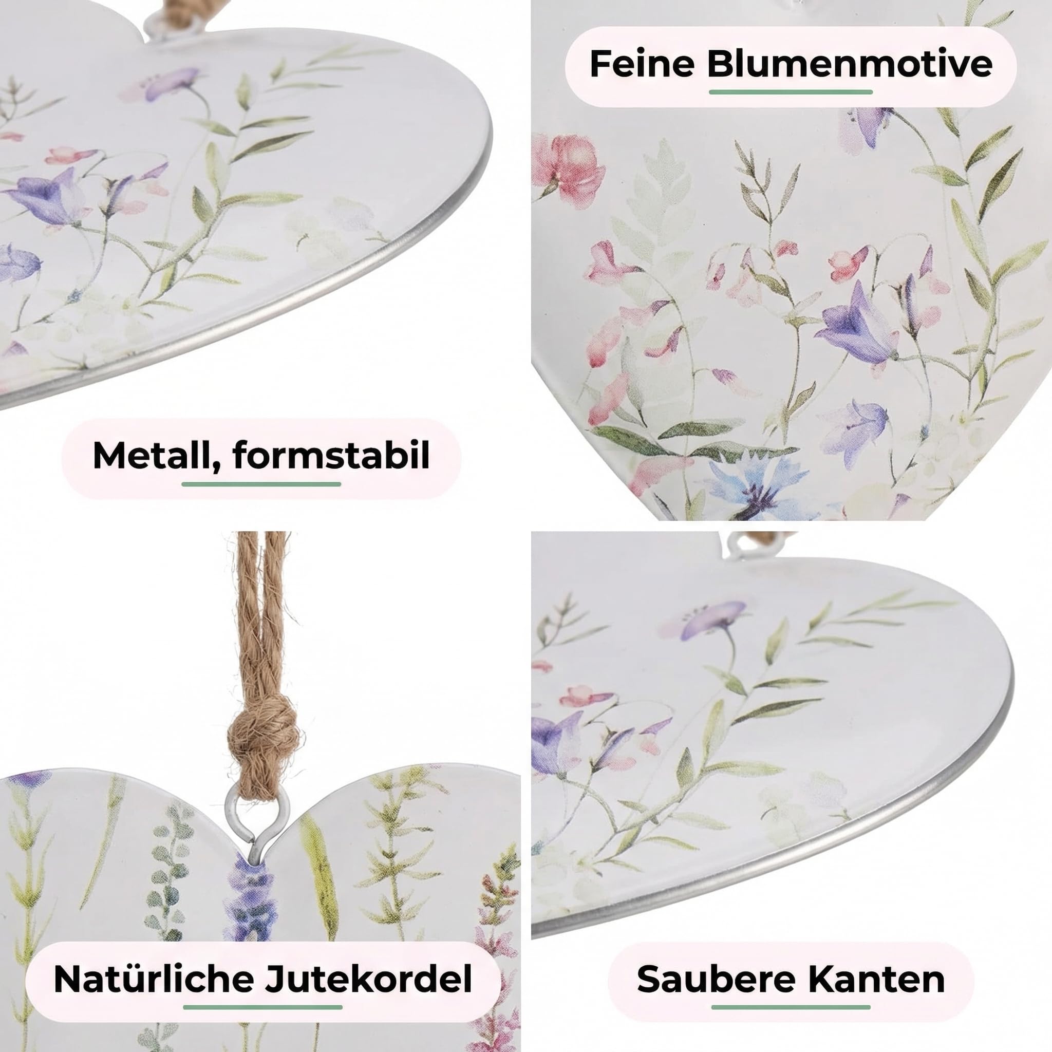 Metallherz Hängedeko, 2er-Set Herzen aus Metall mit floralen Pastellmotiven, Weiß/Rosa/Lila/Grün, ca. 11 x 11,5 cm, inklusive Jutekordel, romantische Frühlingsdeko für Fenster, Zweige & Türgriffe