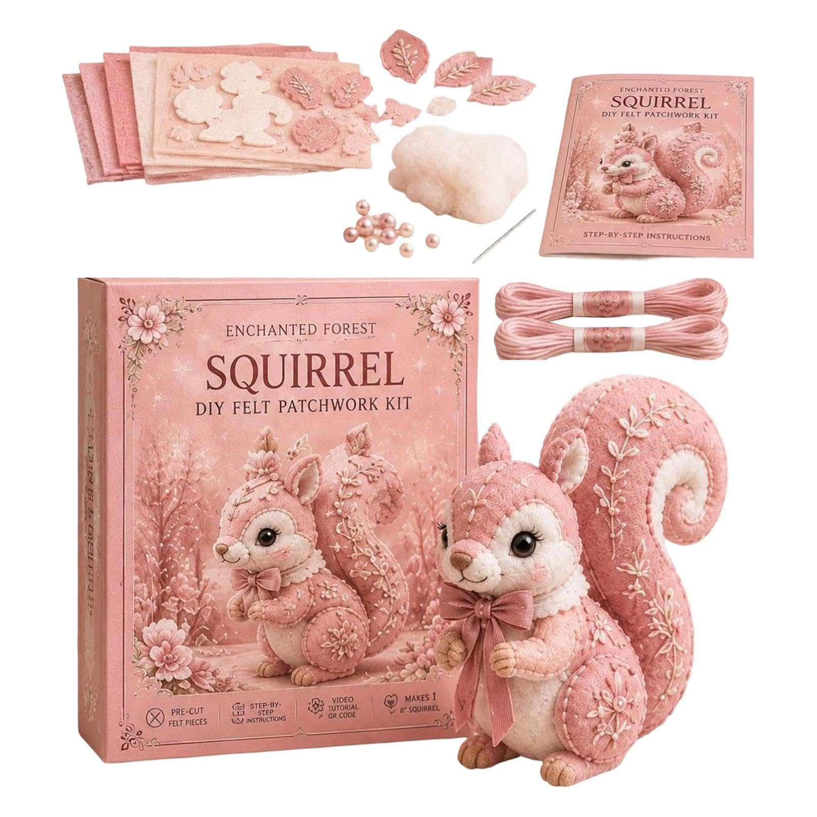 Pink Woodland Friends DIY Felt Patchwork Kit, Pastoral Wild Creatures Handicraft Activity, Manual Tailoring Bundle, Textile Hobby, DIY Fabric Animal, Unique Roseate Doll Ornament (Color-B)