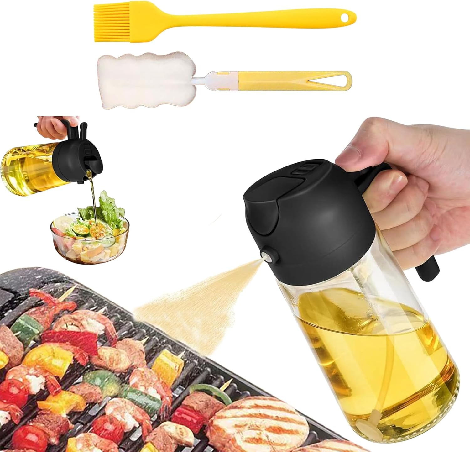 Oil Spray Bottle Kitchen, Oil Sprayer for Air Fryer, Olive Dispenser with 2 Cleaning Brush, 2 in 1 Premium Glass Canola Oil Mister Bottles for Salad, BBQ, Cooking Appliances, (16oz/470ml) (Black) Oil Spray Bottle Kitchen, Oil Sprayer for Air Fryer, Olive Dispenser with 2 Cleaning Brush, 2 in 1 Premium Glass Canola Oil Mister Bottles for Salad, BBQ, Cooking Appliances, (16oz/470ml) (Black)