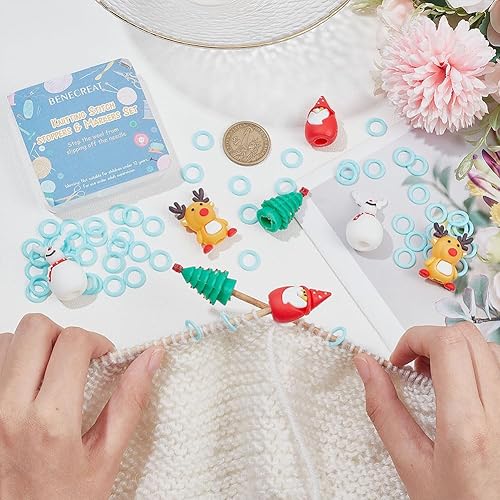 Miniatura 3 de BENECREAT Kit de herramientas de tejer de 68 piezas, 8 protectores de puntos de silicona para tejer con temática navideña, 60 anillos de plástico