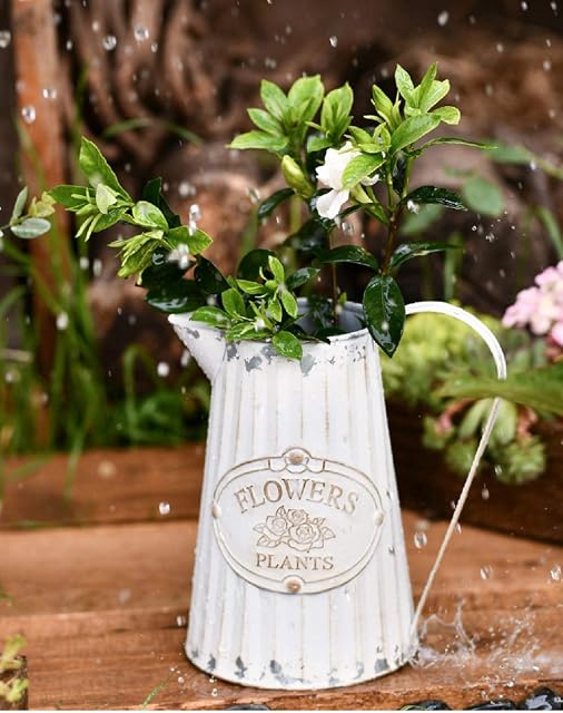 Soyizom Decorative Flower Vase Rustic Shabby Chic Metal Jug French Rustic White Pitcher Country Vintage Milk Can Galvanized Tin Watering Jug Farmhouse Decor Vase for Wedding Dinner Table Centerpiece