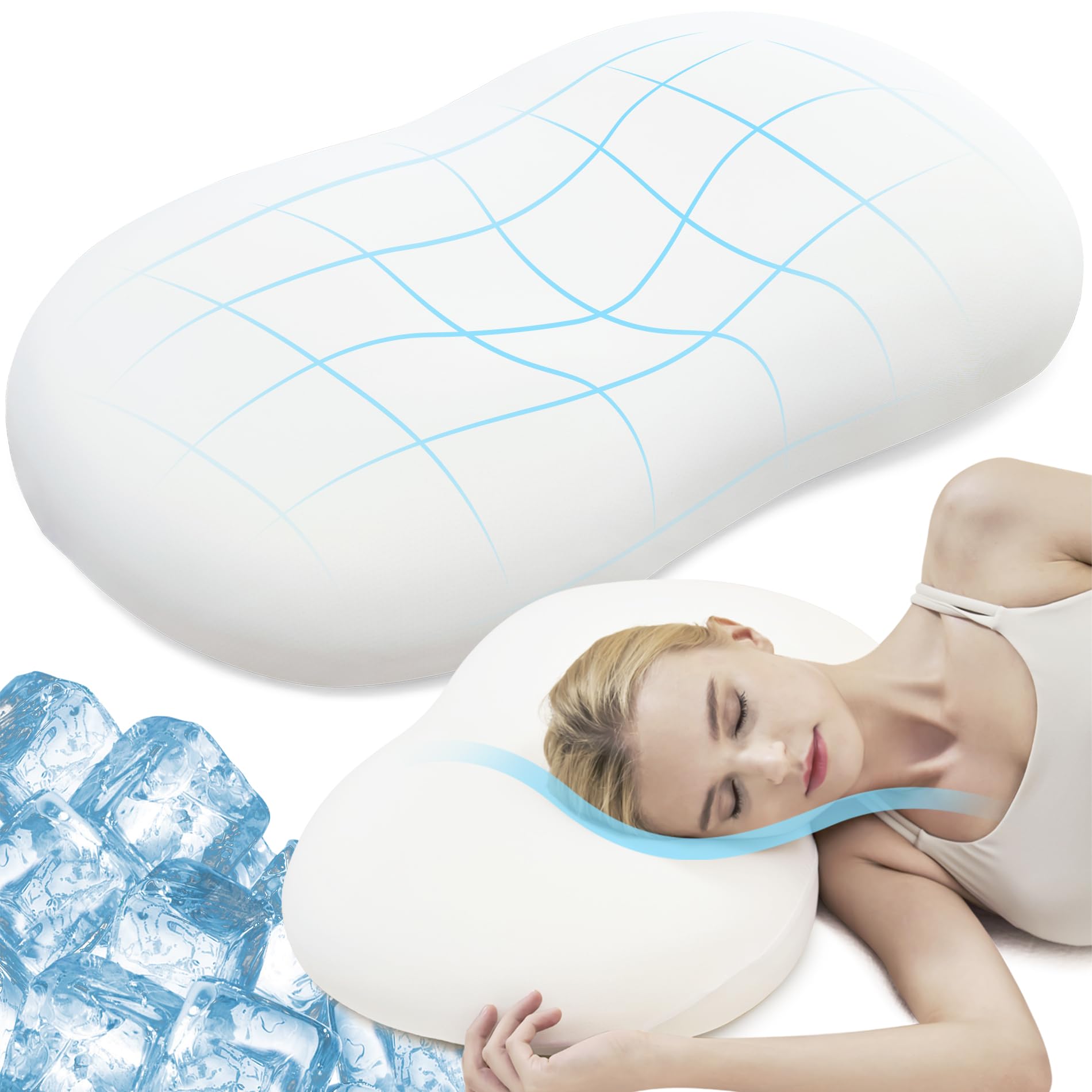 AIRSKY Almohada Viscoelastica, Almohadas Ergonómico Cervicales y Cuello Refrescante para Dormir de Lado y Boca Arriba o Boca Abajo, 68 x 40 x 10/11.5cm (Blanco Puro)