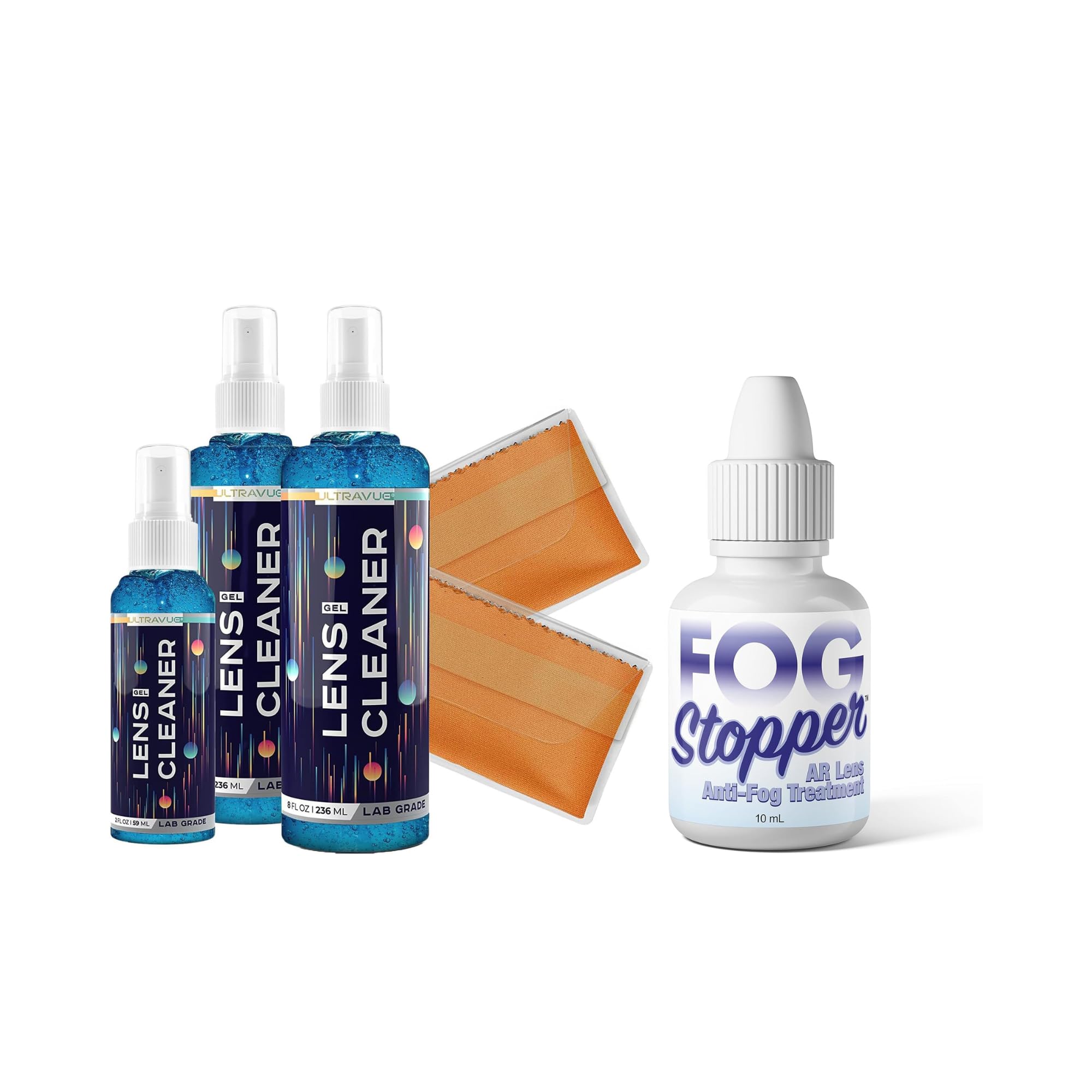 ULTRAVUE Eyeglass Gel Lens Cleaner Spray Kit - 2 x 8oz and ULTRAVUE Fog Stopper Anti-Fog Drops Treatment