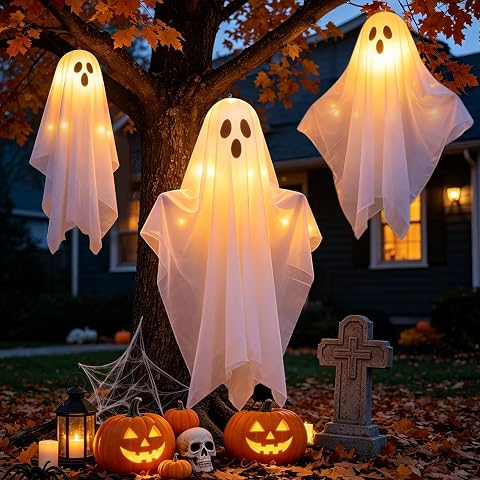 iDLEHANDS Halloween Decor, 3 Pack Hanging Ghosts with Light