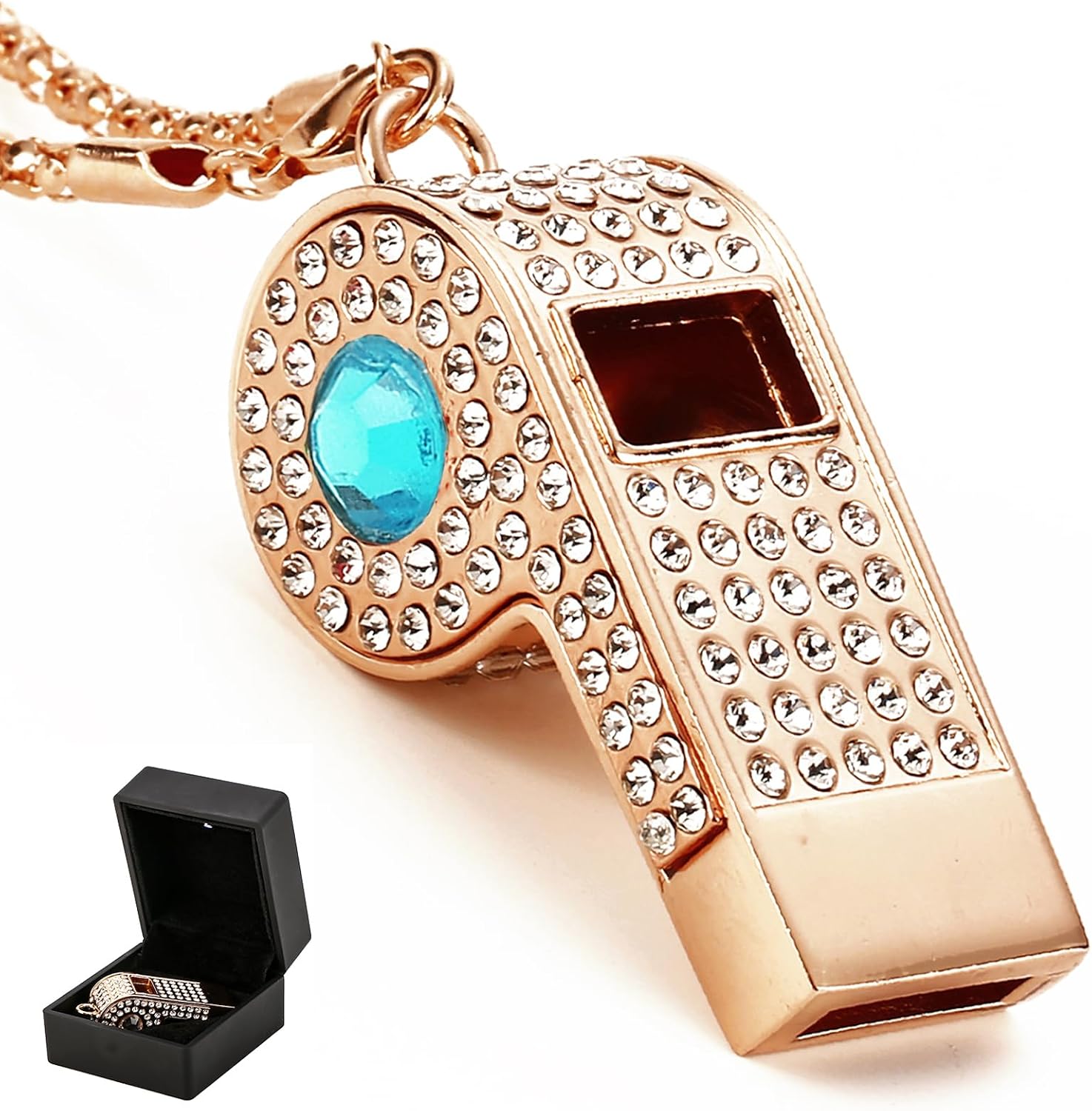 Gold Bling Rhinestone Whistle Necklace, Metal Loud Whistle with Chain, Decorative& Practical Accesory for Referees, Coaches, Teachers - Gift Box Included