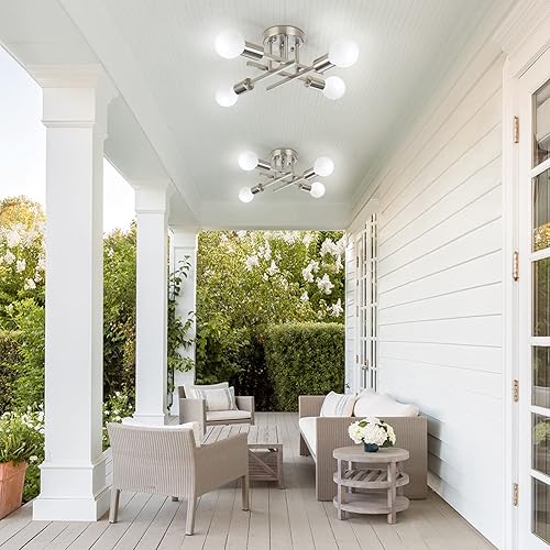 Miniatura 6 de SunRider Paquete de 2 lámparas industriales de techo semiempotradas de 4 luces, níquel cepillado, candelabro Sputnik rústico plateado para cocina