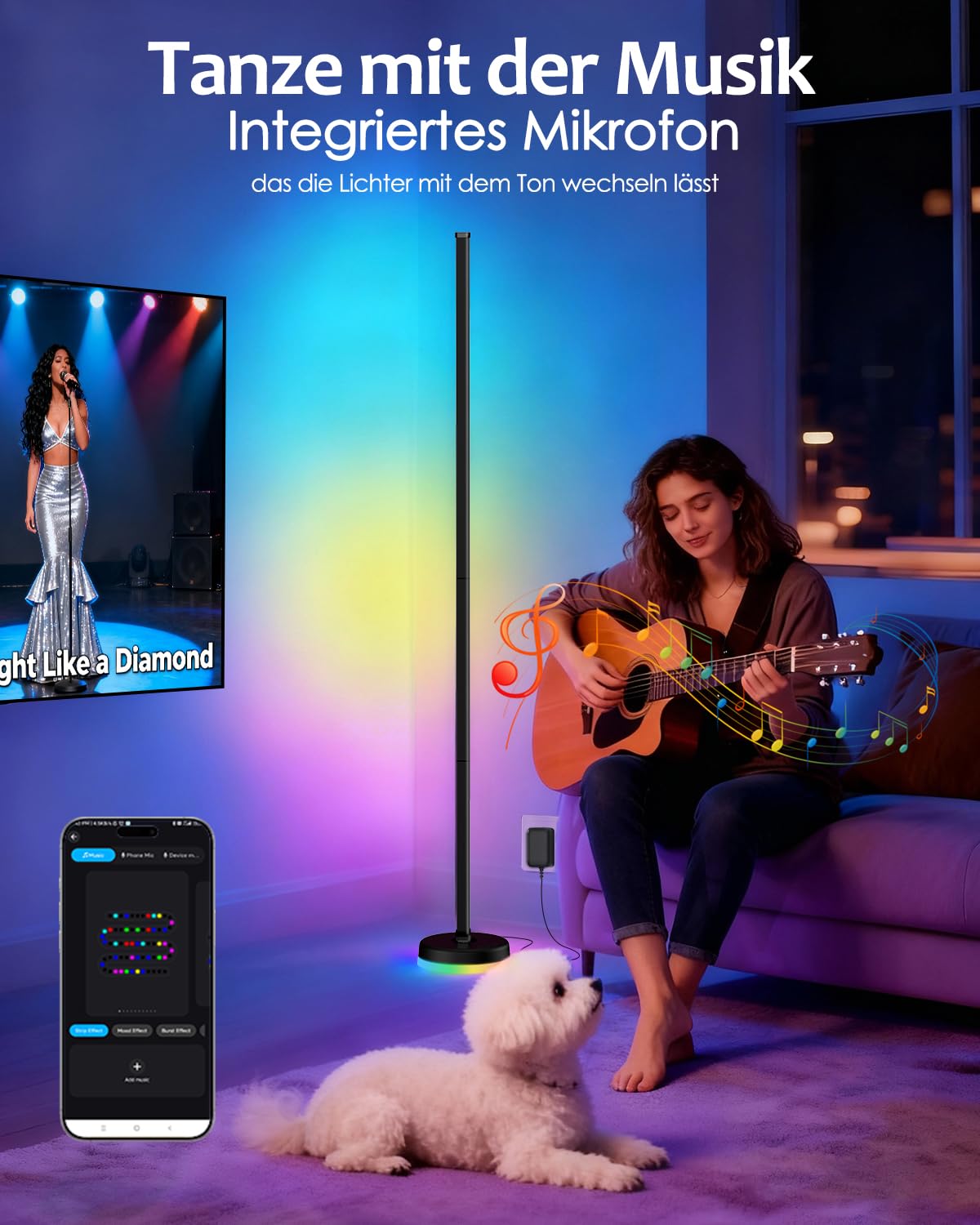 LED Stehlampe Wohnzimmer Dimmbar RGBIC - 140cm Smart Modern Stehlampe mit Fernbedienung und APP, 16 Millionen Farben, Musikmodi, DIY-Modus, Floor Lamp für Schlafzimmer, Gaming-Zimmer, Schwarz