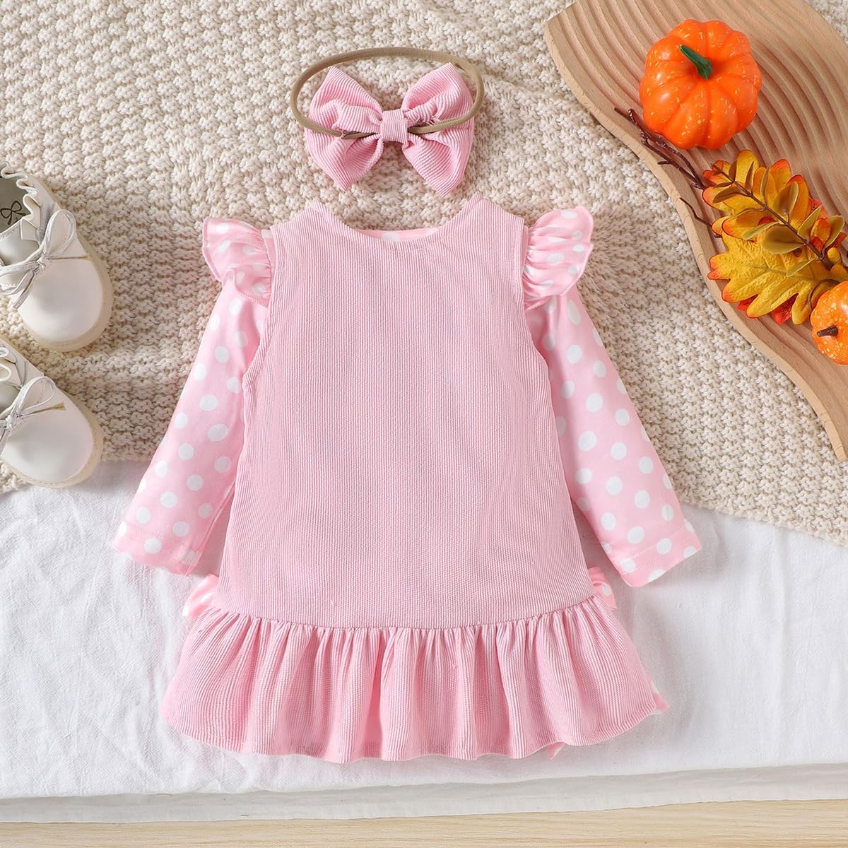 Baby Mädchen Halloween Röcke Sets Rüschen Langarm Tupfen Strampler Top + Süß Kürbis Overalls Hosenträger Kleid Herbst Kleidung Outfits 3Pcs Rosa Kürbis 12-18 Monate