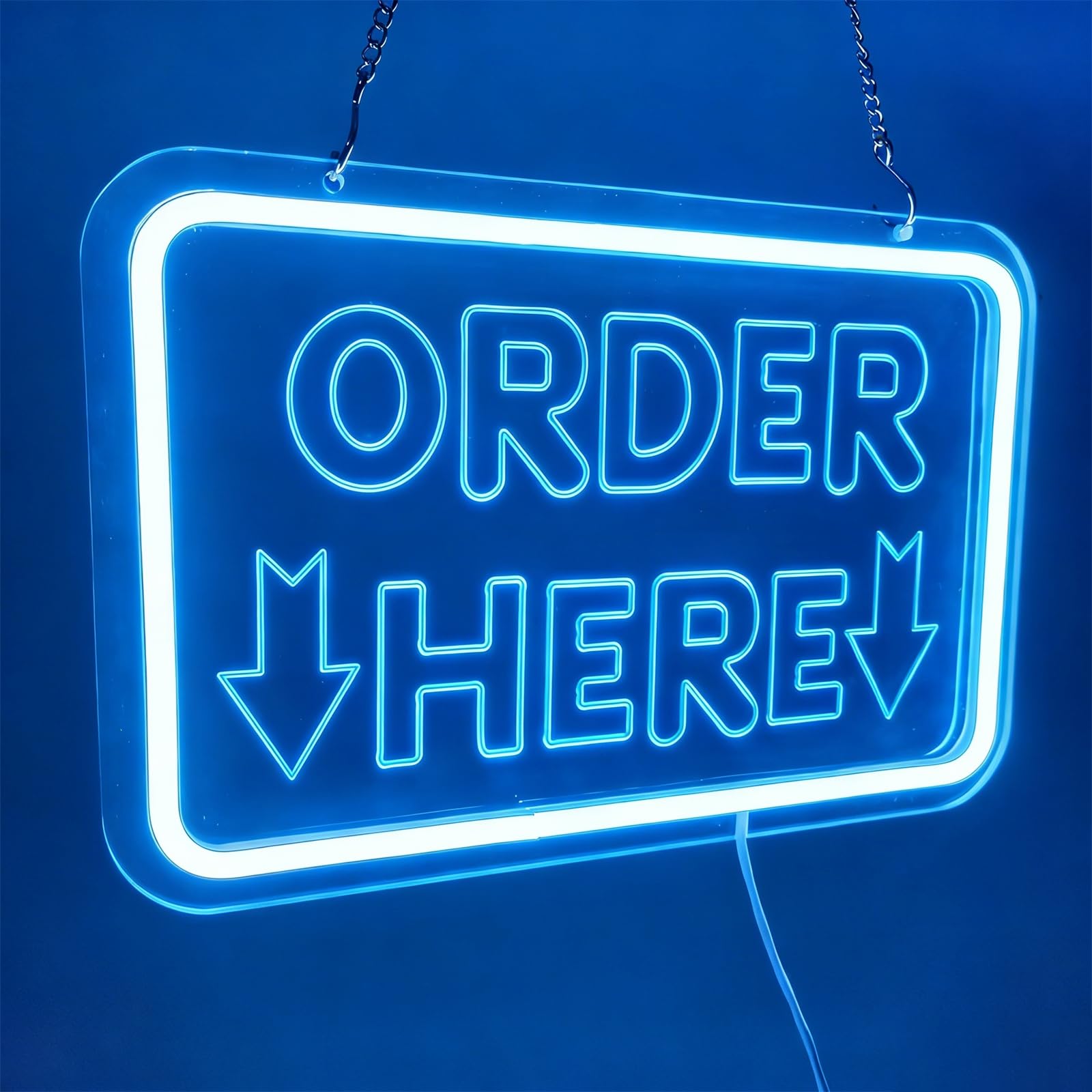 Order Here Enseigne Lumineuse néon, éclairage LED USB à intensité Variable pour Bar ou Boutique, décoration Murale pour comptoir de Caisse de Restaurant,Bleu,50x33cm