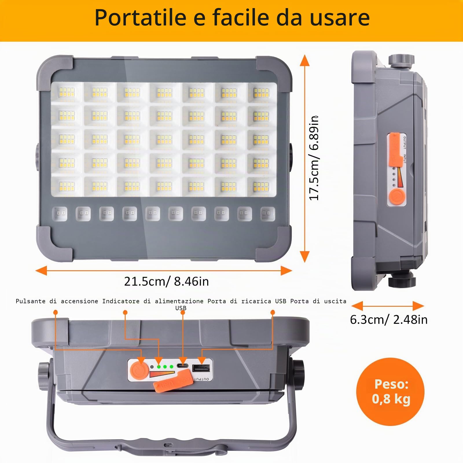MASMEJOR Faro LED Ricaricabile 100W, Faretto LED Ricaricabile 10000LM 15000mAh con Doppi Pannelli Solari, Funzione Torcia, 5 Modalità, Faro a Batteria Ideale per Campeggio, Lavoro, Pesca