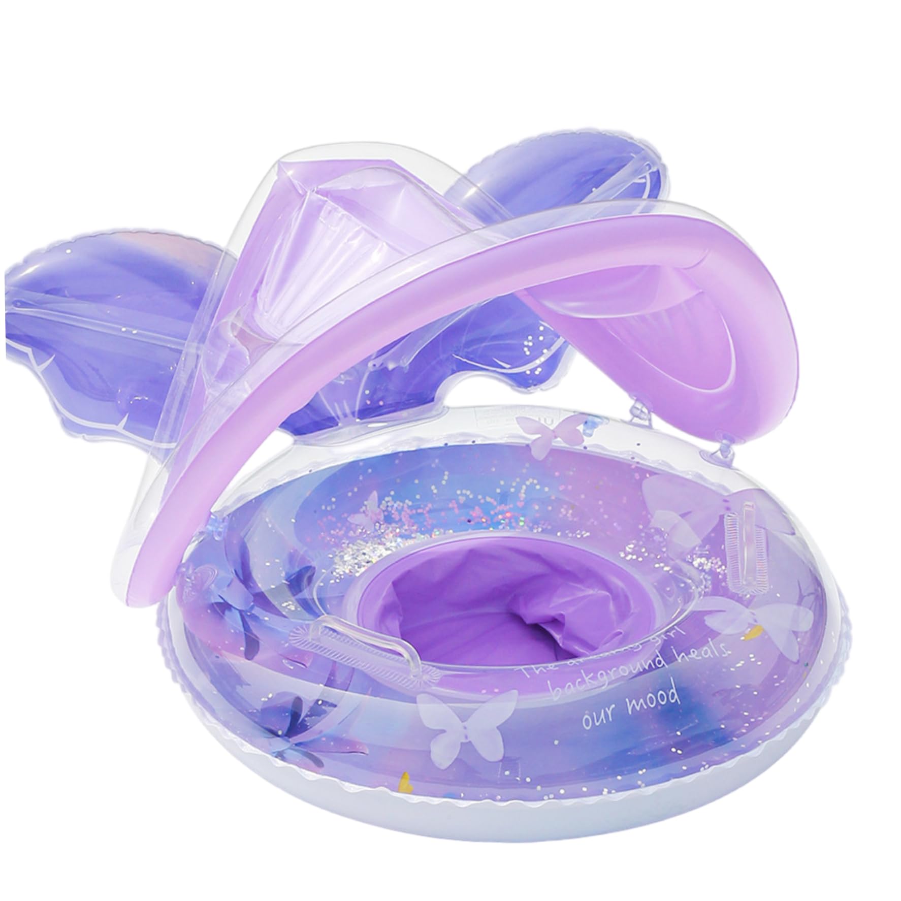 Ameble Baby Float with Canopy Infant Pool Float with Sun Shade Anti Tip Safety Seat Sparkling Butterfly Baby Swimming Ring for Water Play Suitable for Babies 6 to 12 Months, Purple