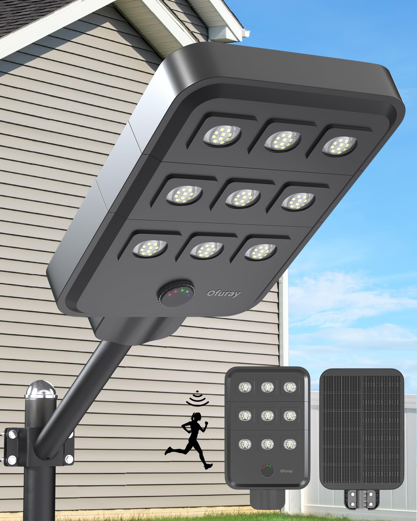 Ofuray Of-9600W Solar Street Lights Outdoor,6500K Commercial Dusk to Dawn Flood Light with Motion Sensor, IP67 Waterproof 90LED High Power Security Lighting for Parking Lot,Yard
