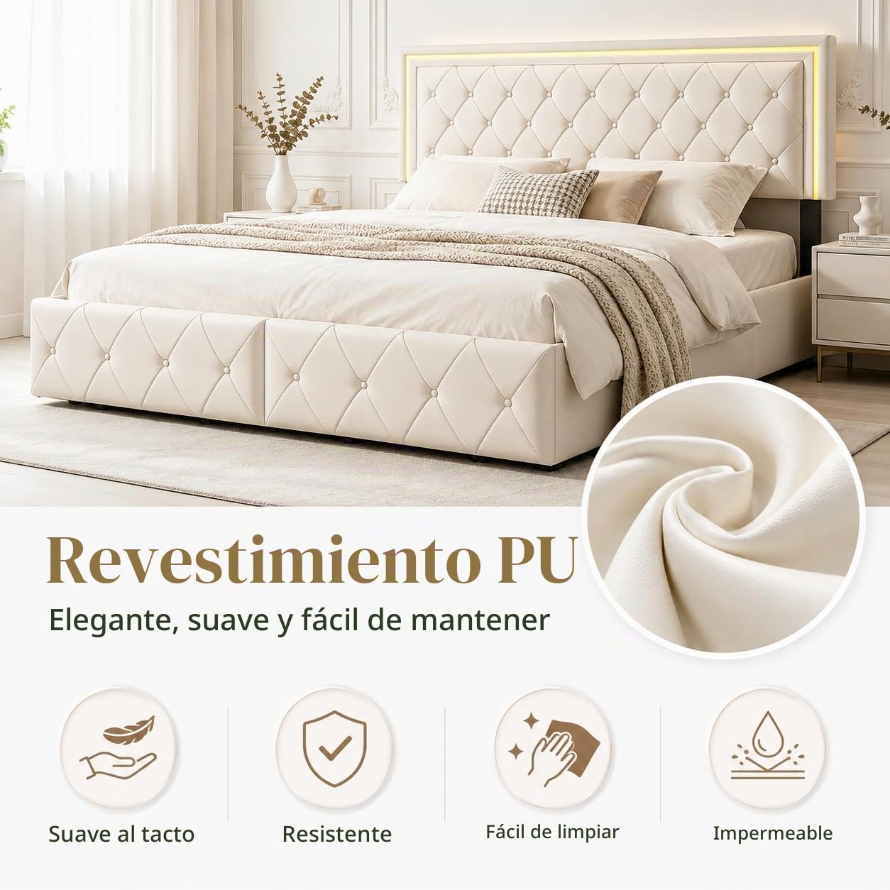 Cama doble tapizada, 160 x 200 cm - Diseño innovador, Cama de almacenamiento con 4 cajones de almacenamiento, cama para adultos con somier de listones, sin colchón, PU(blanquecino, 160 x 200 cm)