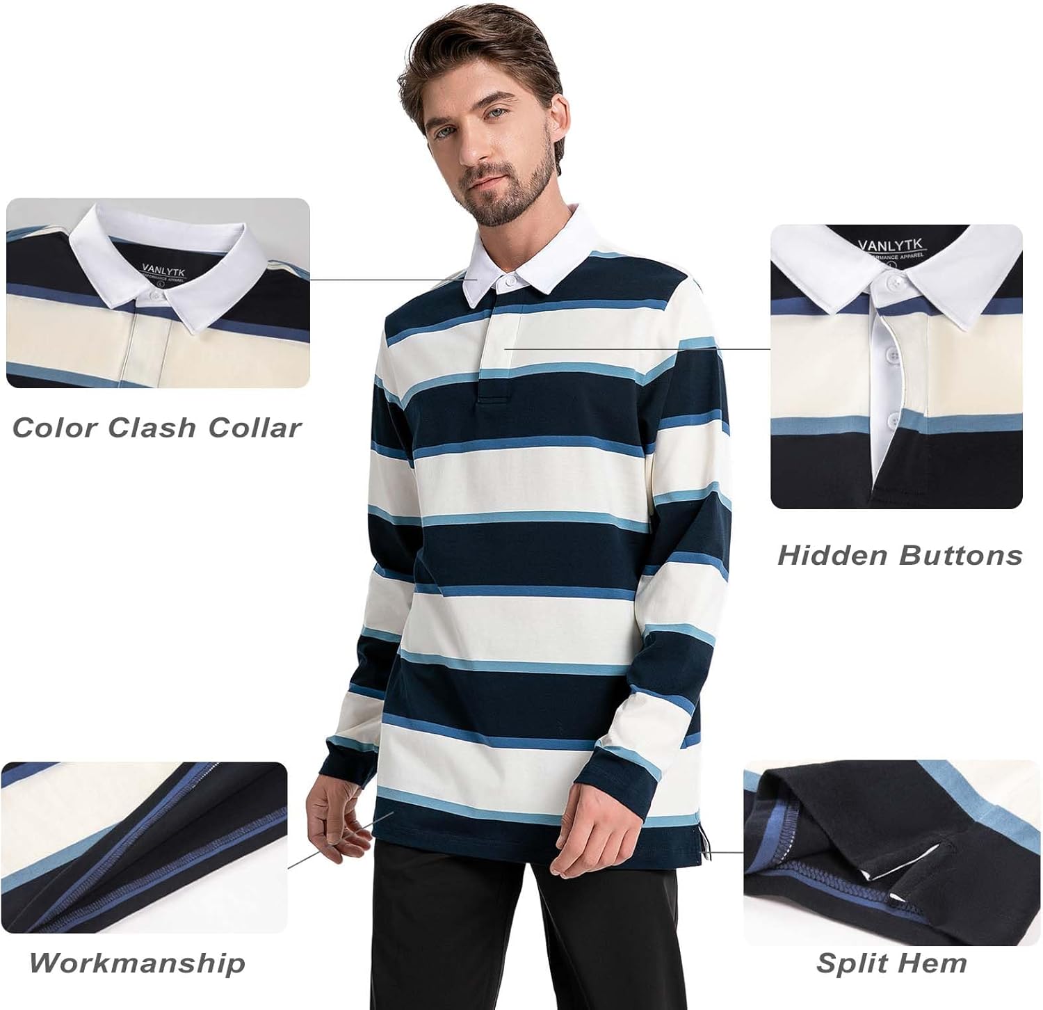 Mens Polo Shirts Striped Cotton Moisture Wicking Classic Collared Casual Golf Shirts for Men - Image 3
