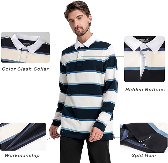 Mens Polo Shirts Striped Cotton Moisture Wicking Classic Collared Casual Golf Shirts for Men