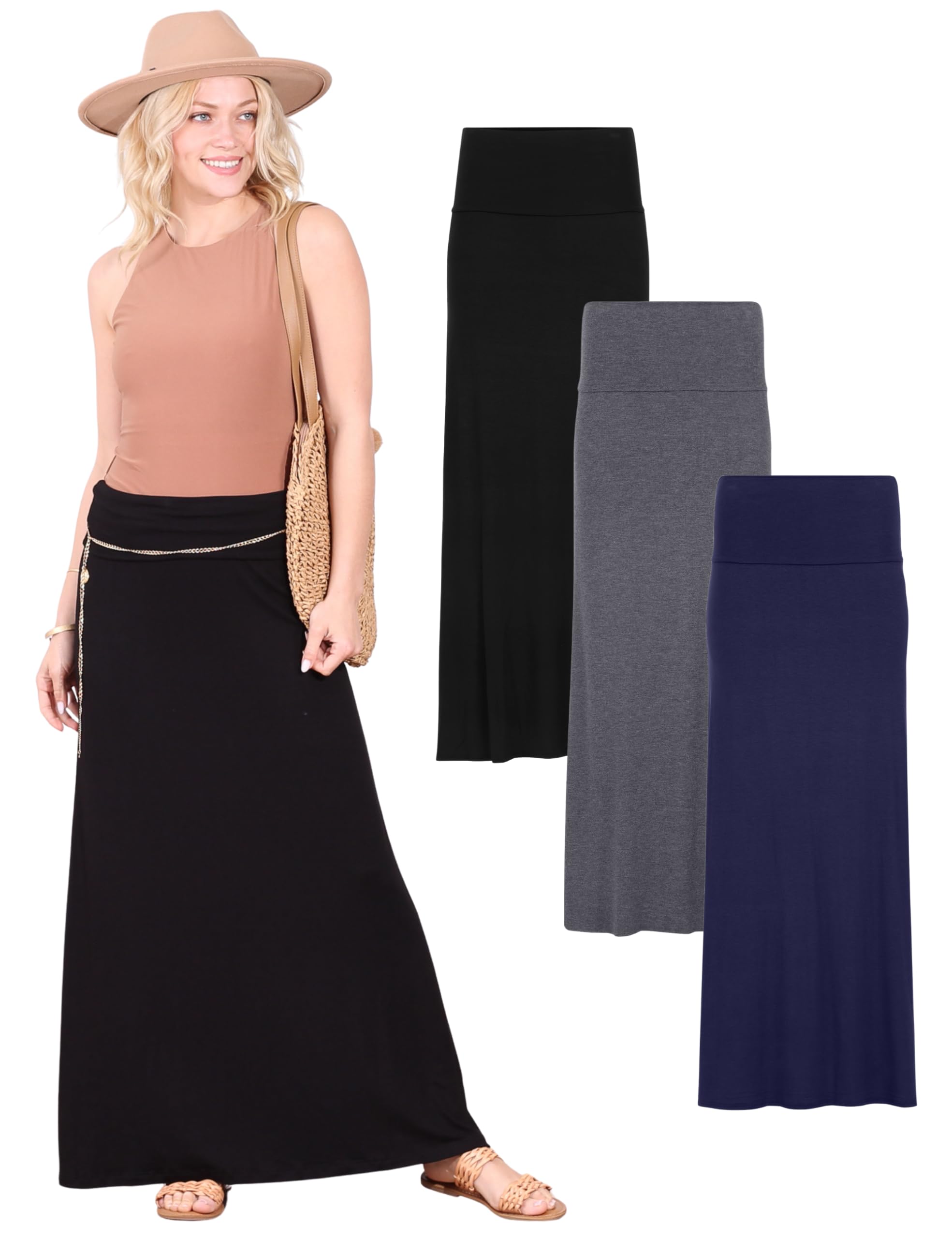 Popana 3 Pack Long Maxi Skirts for Women High Waisted Flowy Long Skirt for Women Casual A-Line Plus