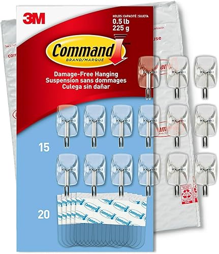Command Ganchos de alambre pequeños, 15 ganchos, 20 tiras adhesivas transparentes, ganchos colgantes sin daños, sin herramientas, tiras para colgar