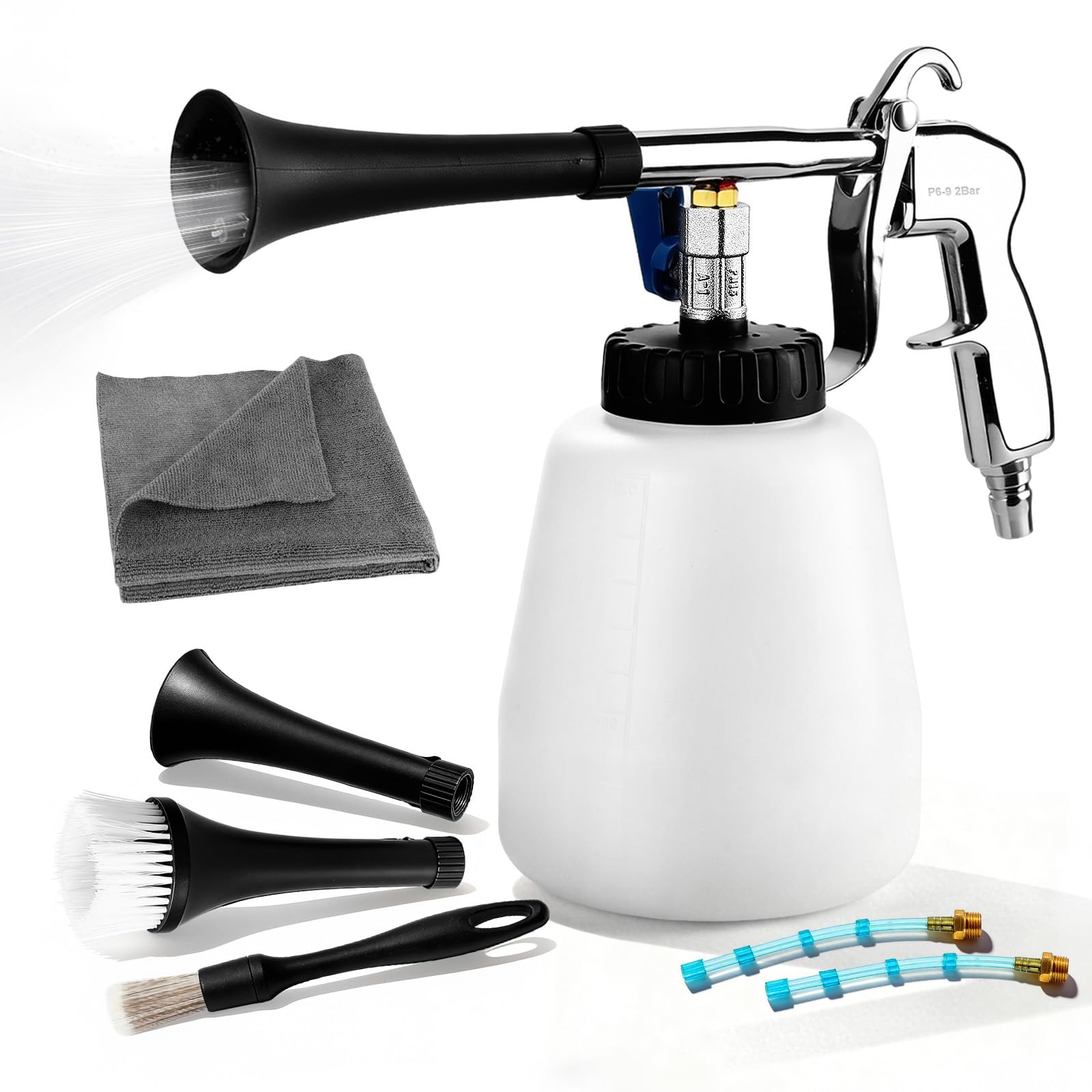 Pistola per pulizia ad aria compressa con effetto tornado – Pistola per pulizia ad alta pressione per auto, officina e casa – Set tutto in uno con serbatoio dell'acqua da 1 l, 2 ugelli e accessori