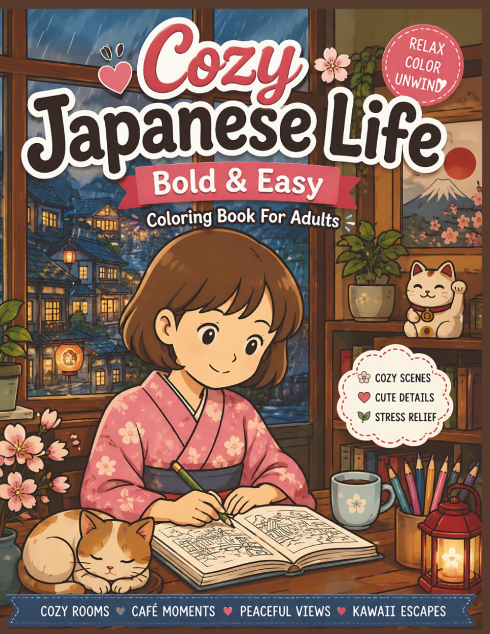 Cozy Japanese Life Bold & Easy Coloring Book for Adults: Relaxing Cafes, Peaceful Rooms, Cute Kawaii Scenes & Hygge Escapes