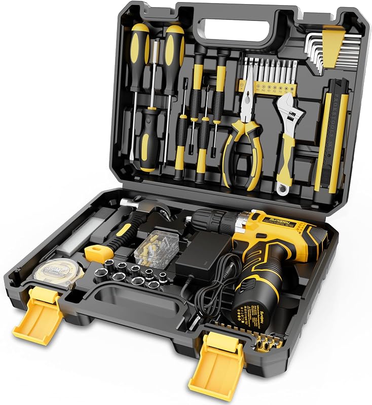 Sundpey 166-PC Small Basic Home Tool Kit Set with 12V Cordless Drill & Case | Portable Tool Box with Adjustable Wrench & Pliers & Hex Keys, for Men Women, for Household House Garage Apartment Dorm Office