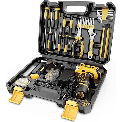 Sundpey Home Tool Kit with Drill - 166-Piece General Basic Home Repair Tool Set with 12V Cordless Power Drill & Battery & Charger & Portable Tool Box for Garden Office House Apartment Repair Men Women