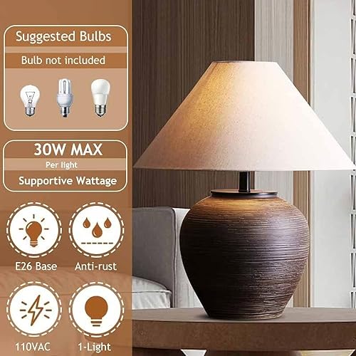 Miniatura 4 de Lámpara de mesa redonda neutra de cerámica de 19.6 pulgadas, lámpara de mesa retro rústica, cuerpo negro con pantalla de tela blanca rota, mesita de