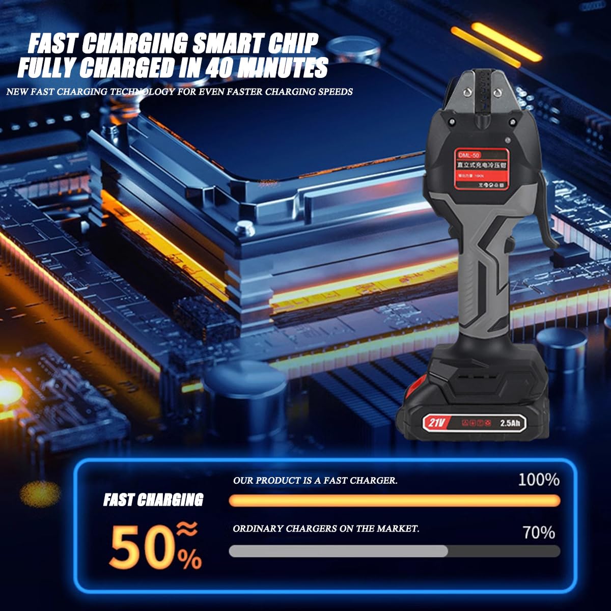 Kit di crimpatura elettrica, crimpatrice per capicorda con 7 stampi, 2 batterie, avvio a un pulsante, illuminazione a LED, connettori non isolati per terminali elettrici