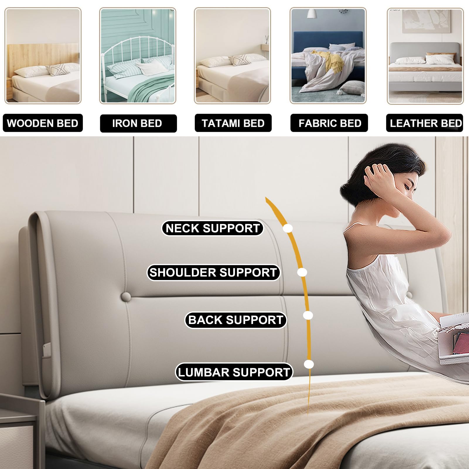 Cabecero grande de color caqui con correas para cama, cabecero de pared de 53 x 23 x 4 pulgadas, cojín rectangular de apoyo lumbar con funda extraíble para sofá, cama, litera