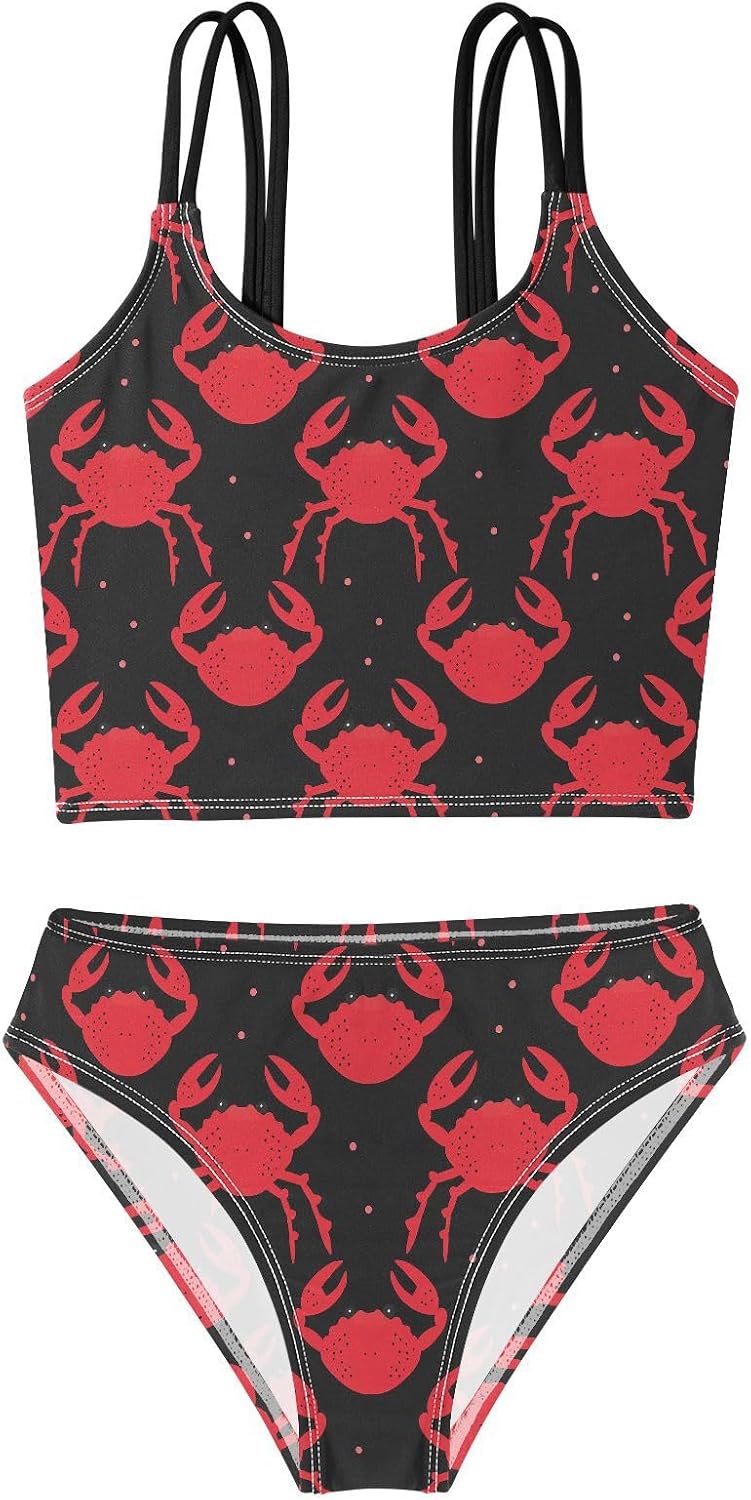 visesunny Girls Two Piece Swimsuits Red Crab Pattern Girl's Bikini Sets Bathing Suits for Girls Size 5-12Y