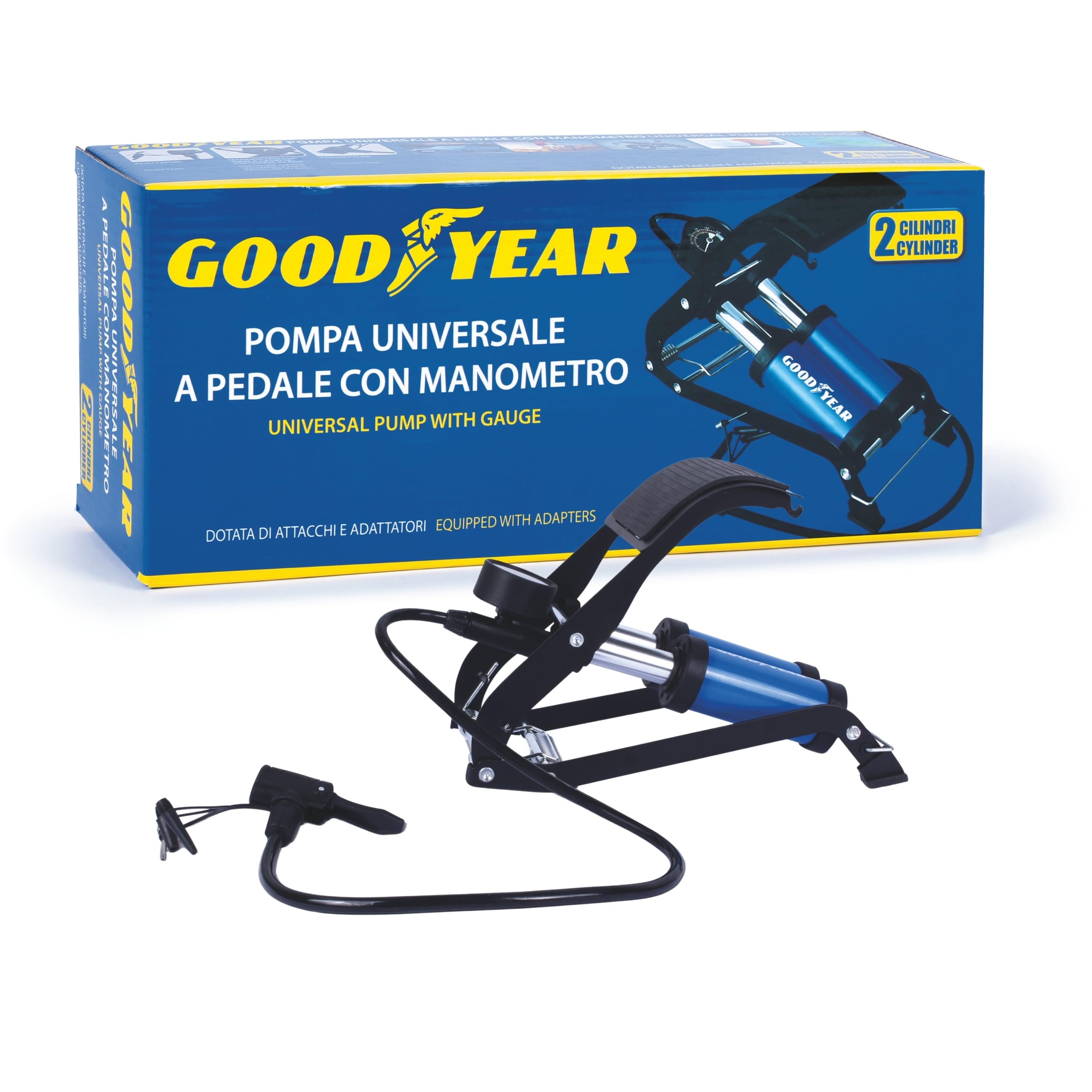 Goodyear Pompa a Pedale Doppio Cilindro con Manometro – Gonfiatore Portatile per Bici, Auto, Moto, Palloni e Gonfiabili – con Attacchi e Adattatori Inclusi