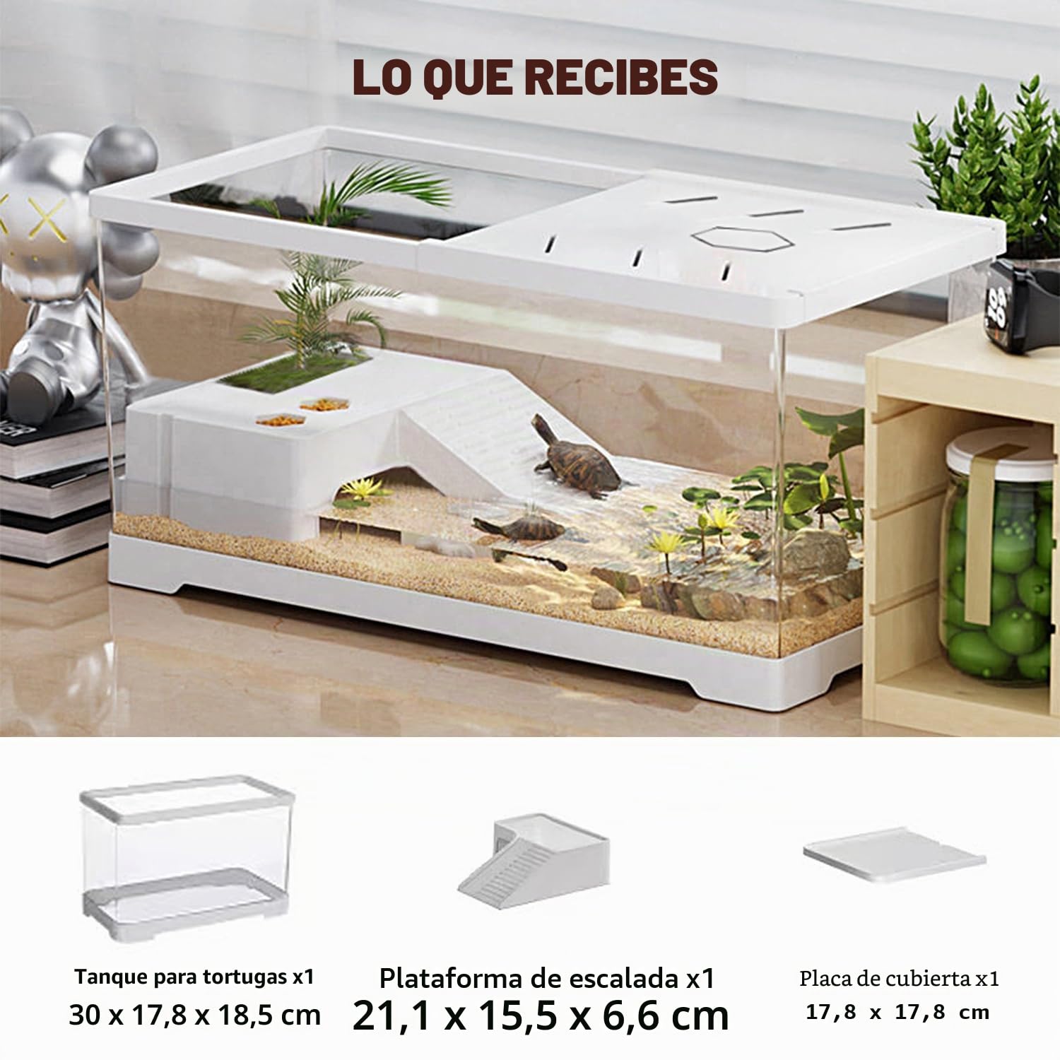 Pecera de Tortuga con Plataforma para Tomar el Sol y Drenaje Inferior, 30 x 18 x 18,5 cm Tanque de Tortugas acuáticas para Tortugas Juveniles, cangrejos de río, cangrejos, Anfibios, Reptiles