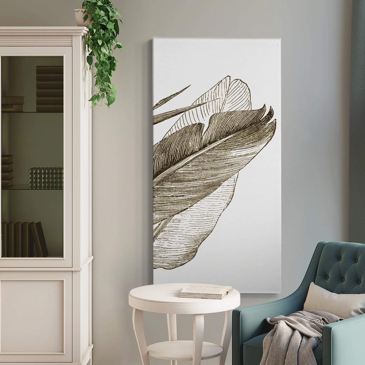 Renditions Gallery Canvas Floral Wall Art Modern Paintings Decorations Vintage Romantic Leaf Abstract Black & White Botanical Wall Hanging Artwork for Office Bedroom Kitchen - 12"x24" LT517