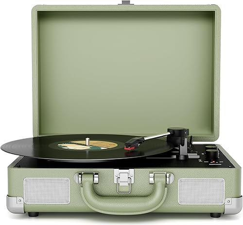 Reproductor de discos de vinilo de 3 velocidades con Bluetooth, maleta, portátil, impulsado por correa, con altavoces integrados, salida de línea