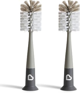 Munchkin Bristle Bottle Brush 2-Pack with Suction Cup Base & Nipple Brush - Grey Modern Design for Mess-Free Baby Bottle Cleaning
