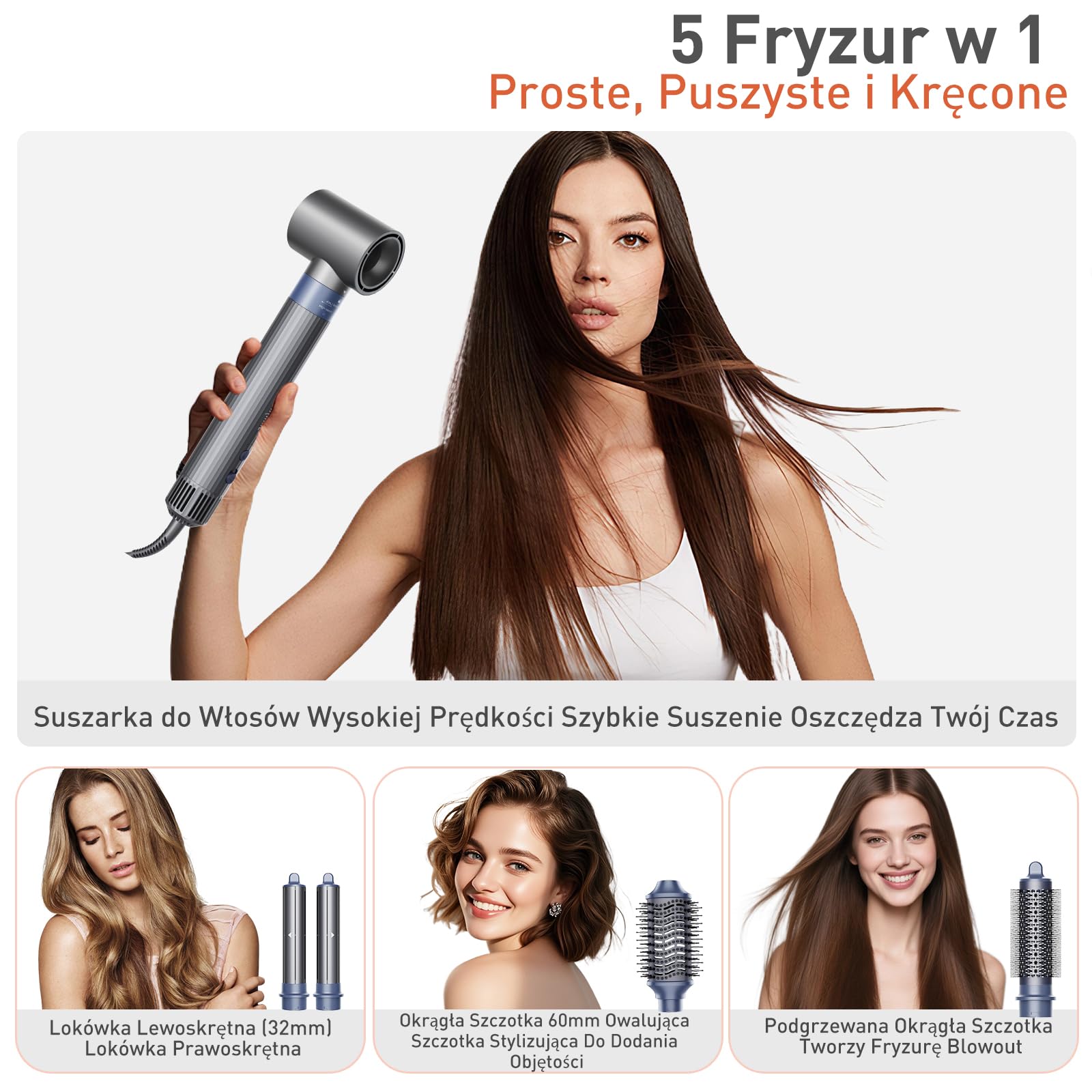 TANSHINE 5 w 1 Styler 1400W jonowa szczotka do suszarki do włosów LED dmuchawa