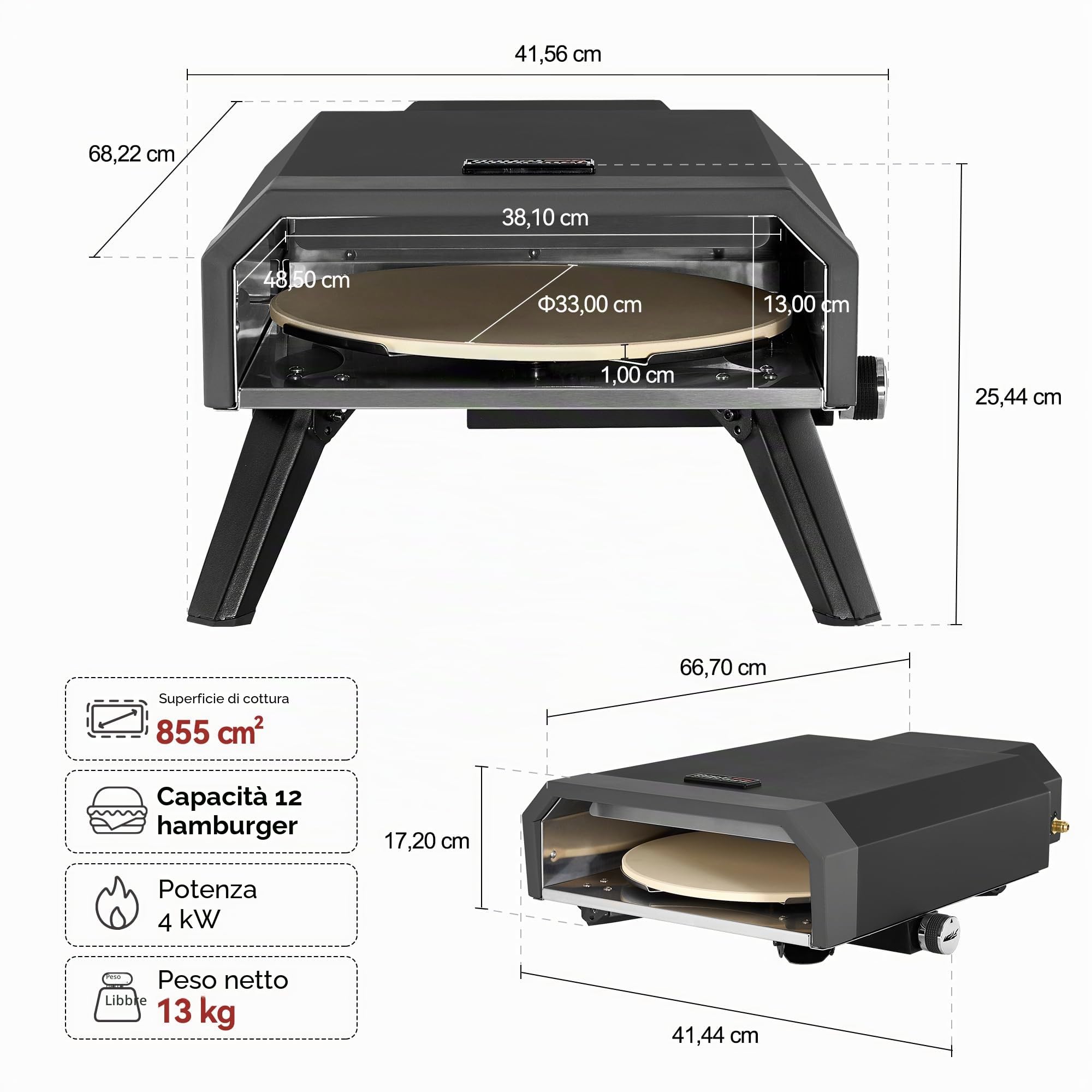 Royal Gourmet Forno per pizza compatto a gas, con pietra per pizza da 4 kW, forno a gas con tubo del gas e regolatore, forno con gambe pieghevoli per campeggio all'aperto
