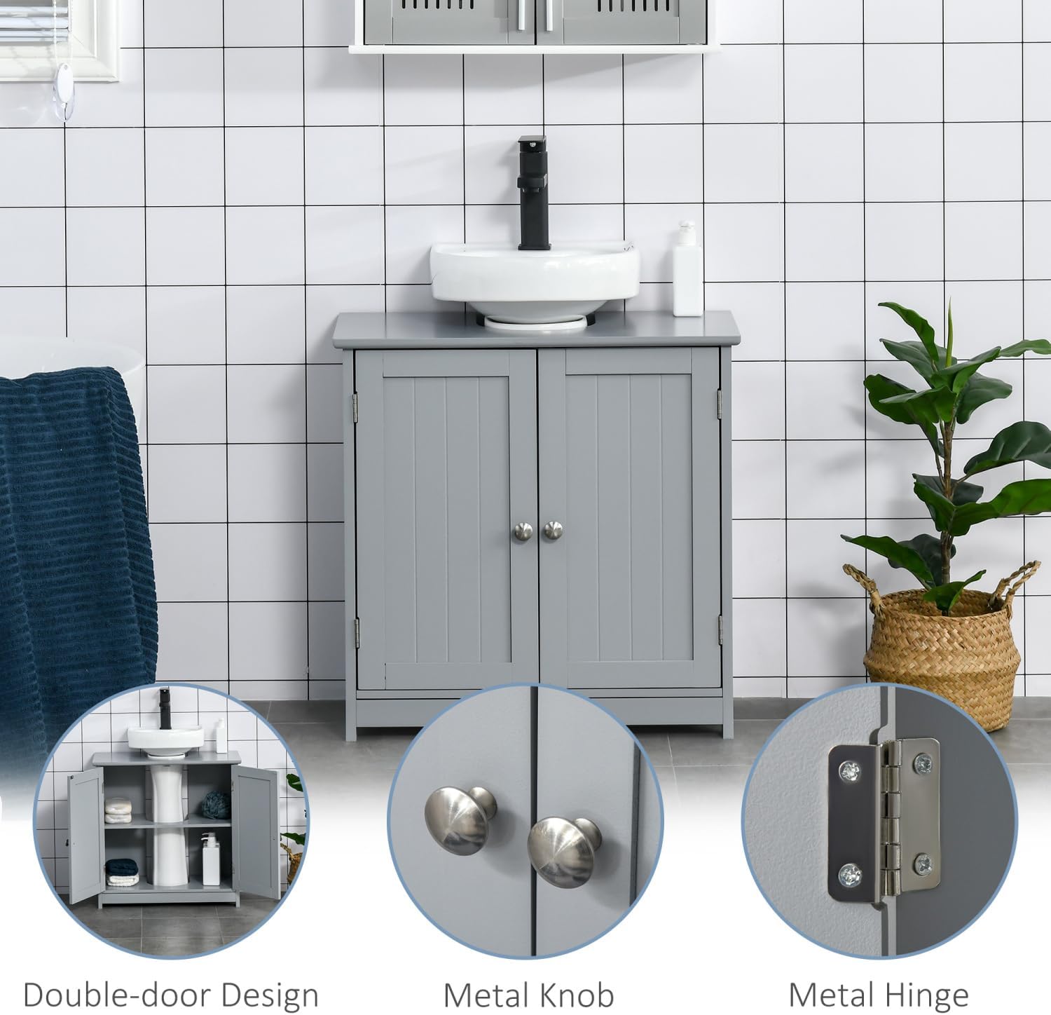 Pedestal Sink Storage Cabinet, Vanity Base Cabinet, Under Sink Bathroom Cabinet with U-Shape Cut-Out and Adjustable Internal Shelf, Gray