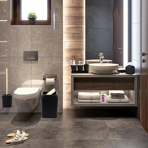 Miniatura 7 de Juego de accesorios de baño negros de 10 piezas basura, dispensador de jabón, funda de pañuelos, jabonera, soporte para cepillo de inodoro, soporte