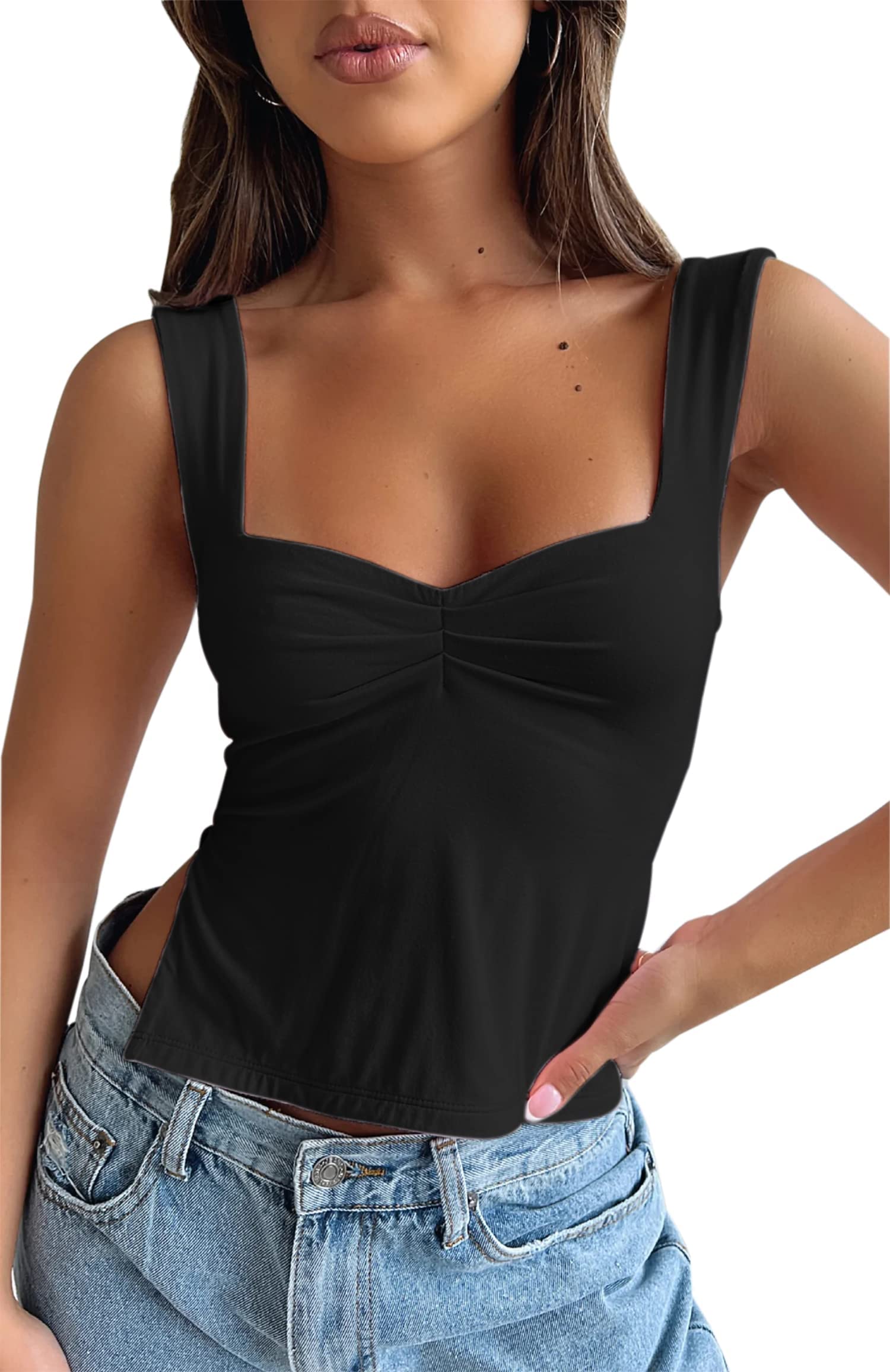 CAPE CLIQUE Sleeveless Strappy Cropped Tank Top Pleated Bustier Sweetheart Going Out Tops for Women Trendy Y2K