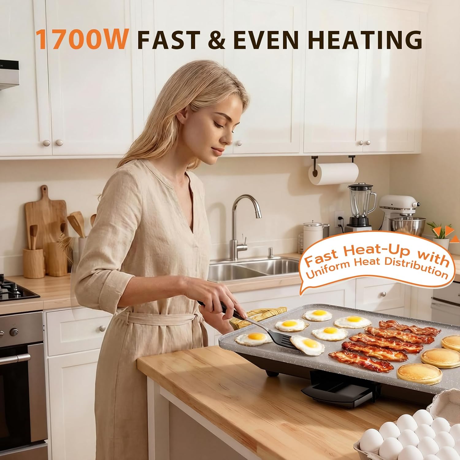 CookSimple Everyday 20 Inch Electric Griddle - 1700W Nonstick ILAG Granite Surface, Large Flat Design, Fast Even Heating, Easy to Clean
