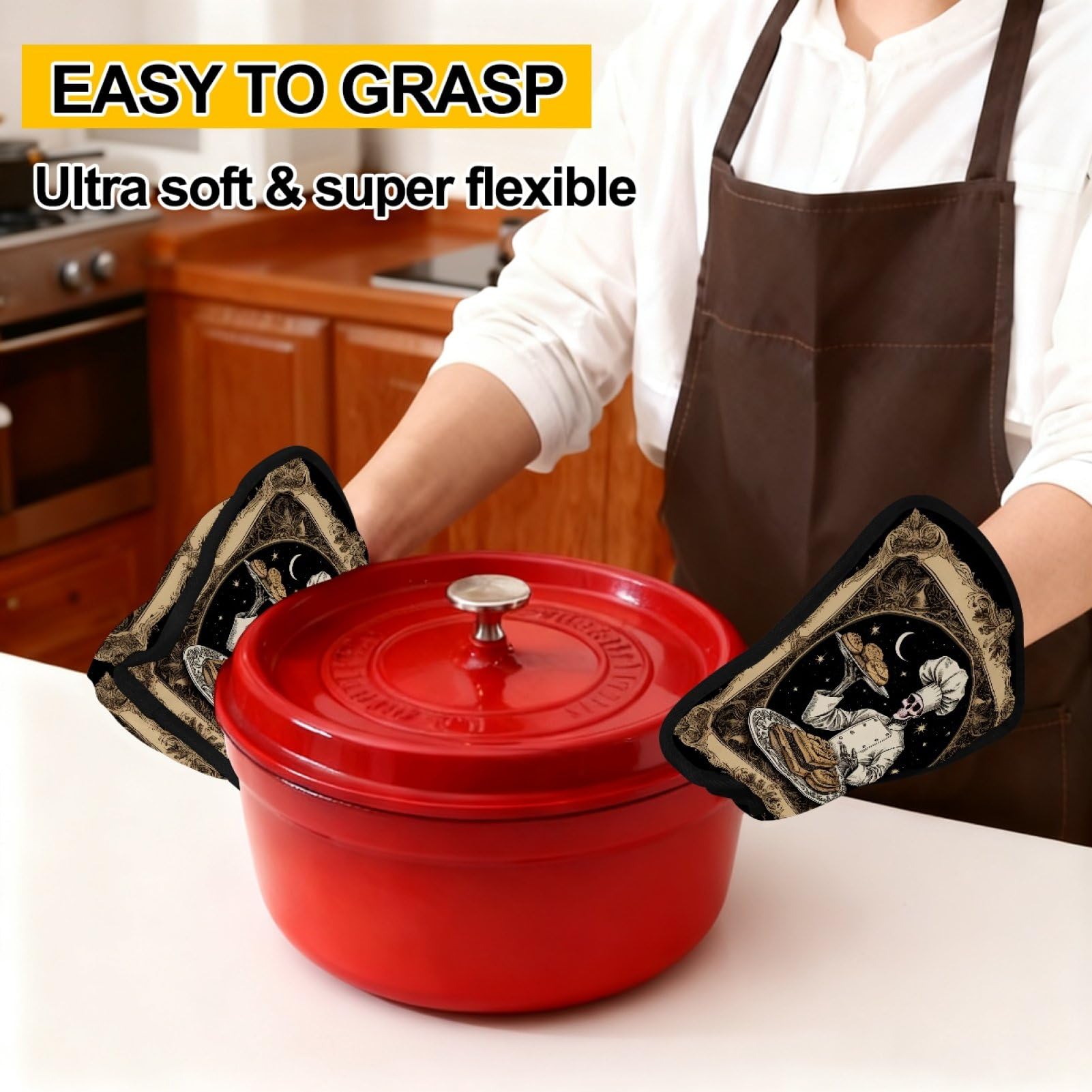 Presine con scheletro gotico con tasche, divertenti regali da forno, resistenti al calore, guanti da forno caldi per cucina, forno, presine per cucina