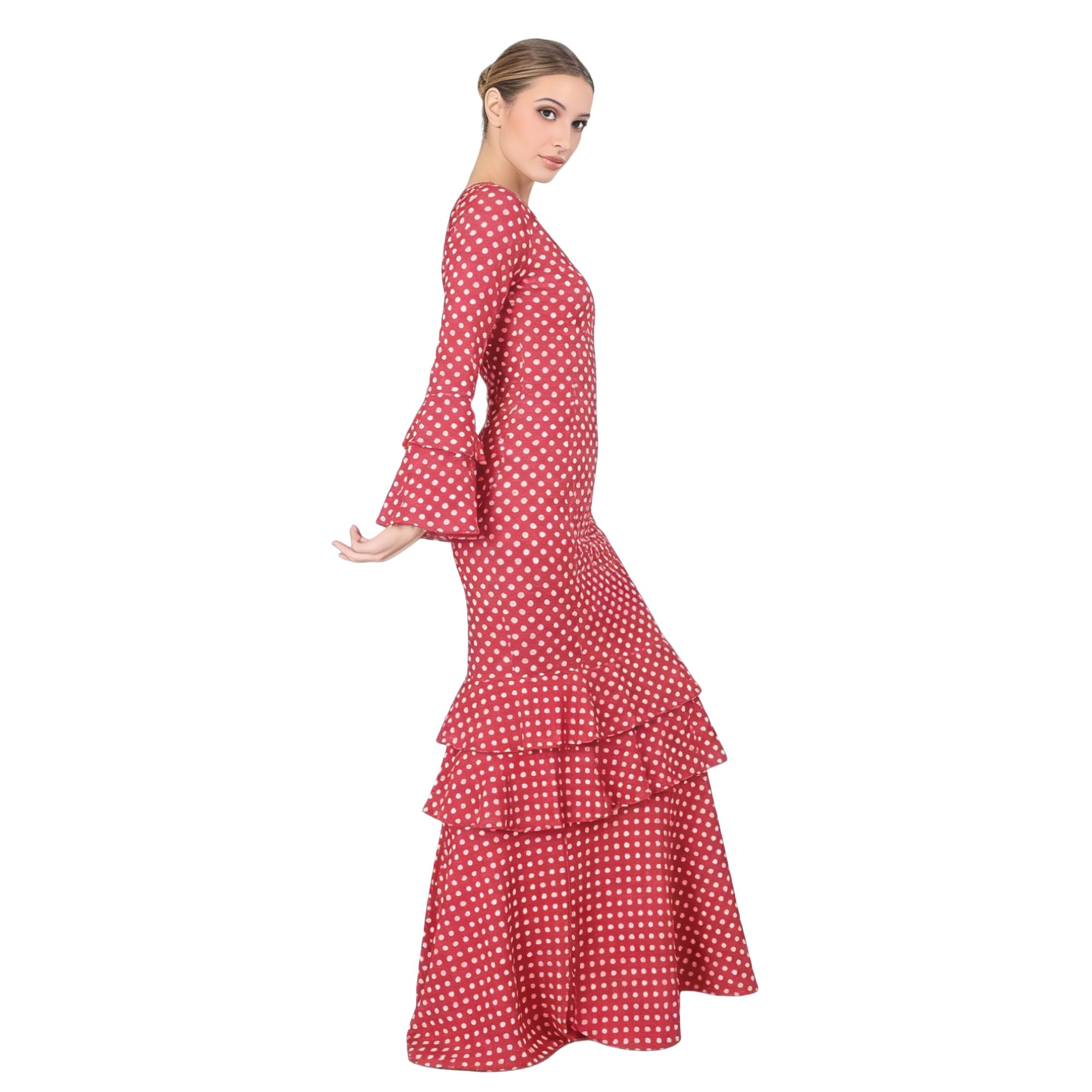 Vestito Fenicottero Donna Lungo - Costume da Sivigliana Adulto con Pois, Maniche a Siviglia - Vestito Andaluso Elegante per Fiera e Danza