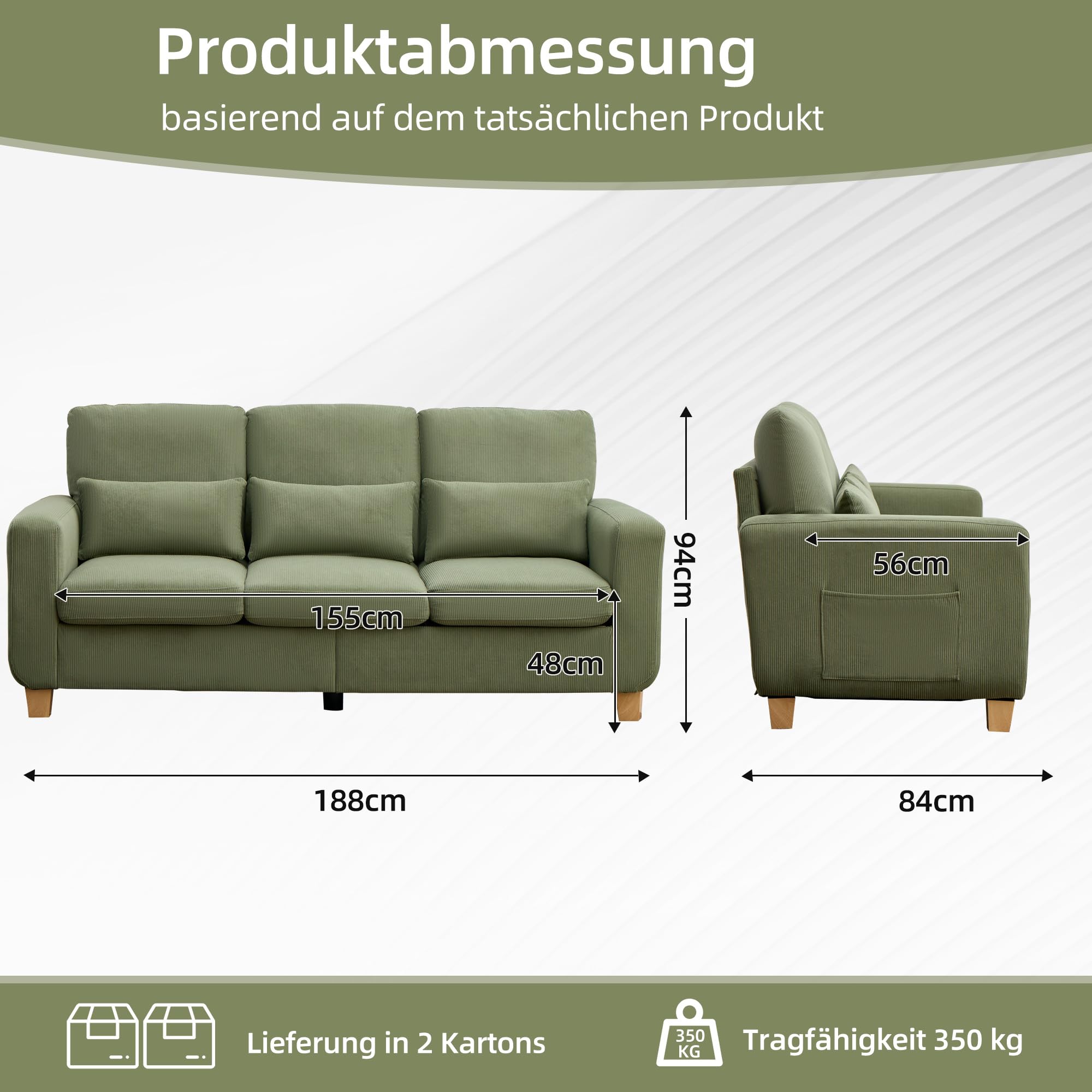 EBELLO Sofa 188 cm, 3-5 Sitzer Couch, modernes Sofa aus Cord, Wohnzimmersofa geeignet für kleine Räume, Schlafzimmer, Wohnungen und Büros, Grasgrün