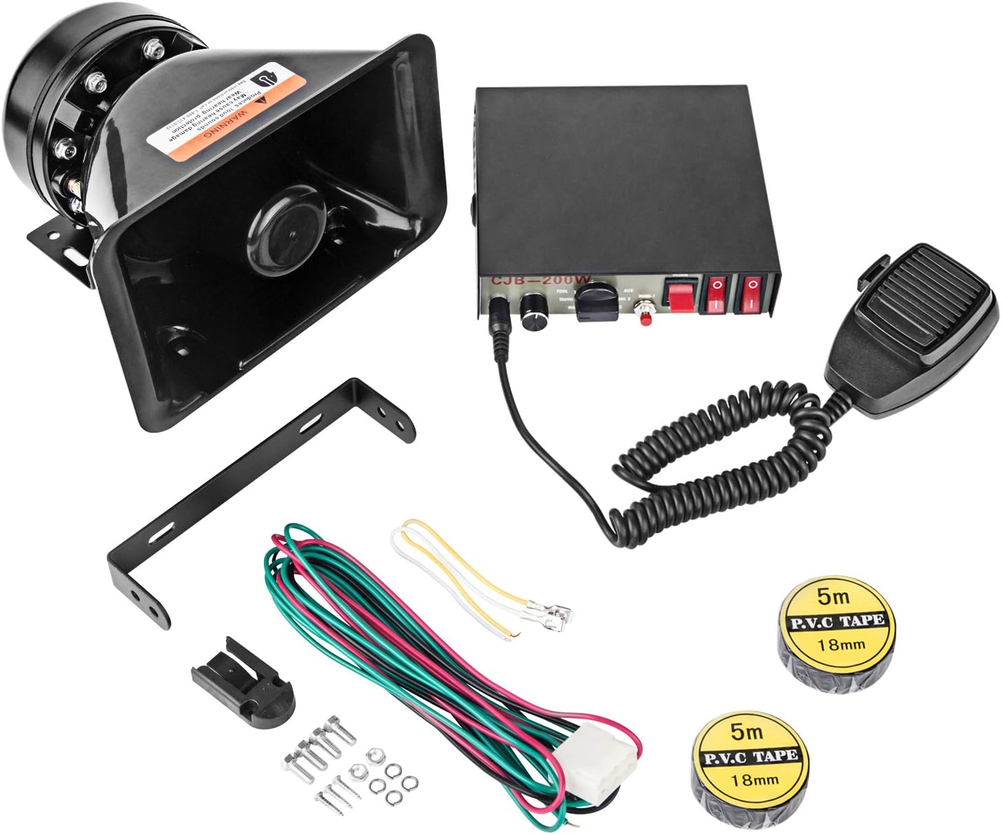 CJB 9 Tones Car Horn Police Siren Black Plastic Square Speaker,DC12V Multi-tones Wired Handheld Microphone Loudspeaker Emergency Siren Electronic PA System Car Horn