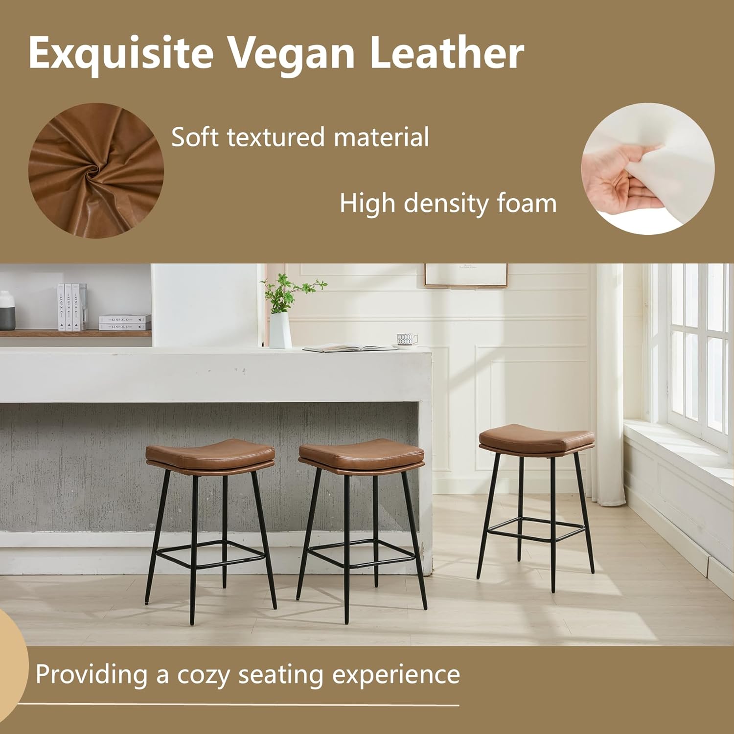26 inch Counter Height Brown Leather Bar Stools Set of 4, Backless Saddle Bar Stools for Kitchen Counter and Dining Room, Modern Kitchen Stools with Double Layered Cushion and Metal Legs