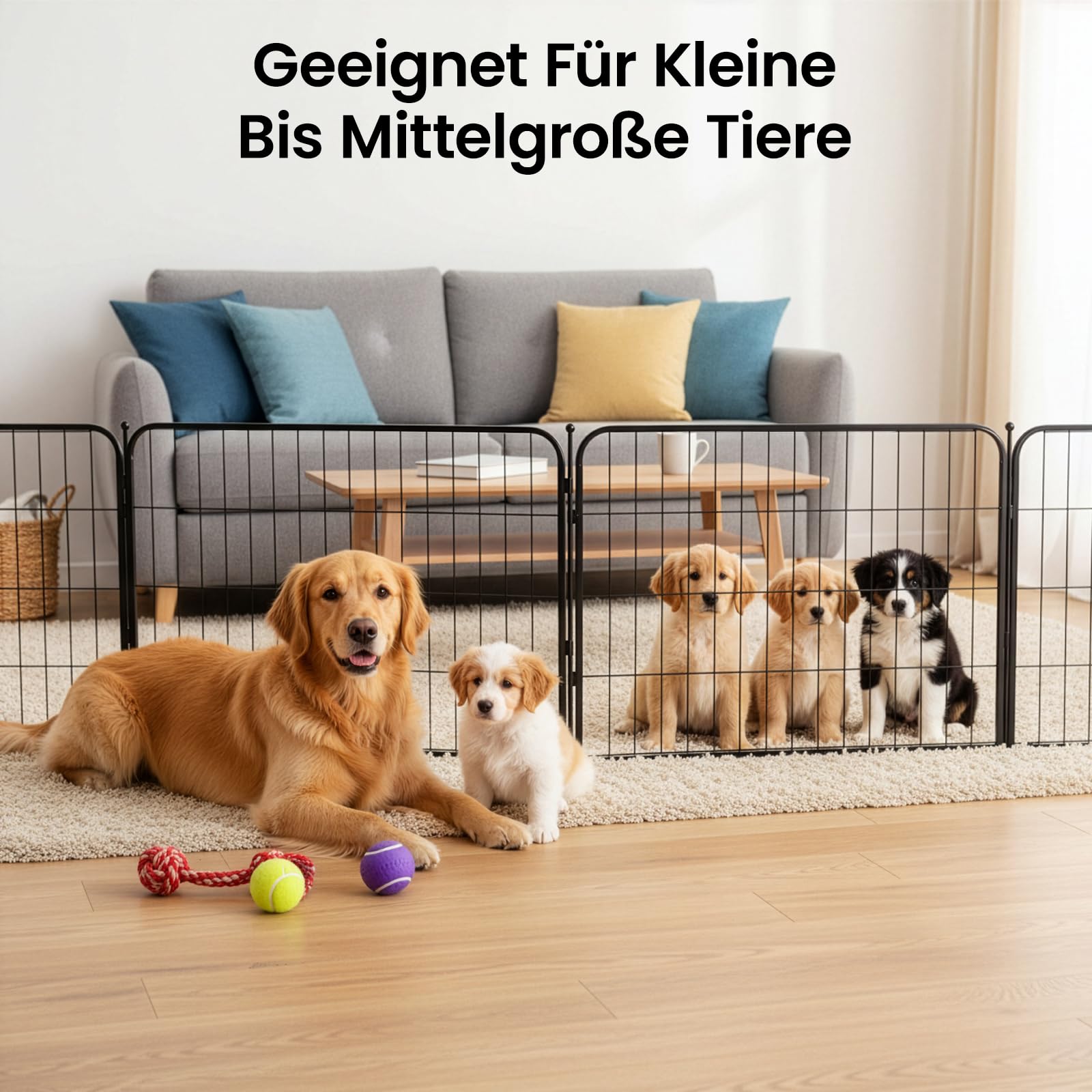 Welpenauslauf Hundelaufstall mit Einhand-Sicherheitsschloss, stabiles Hundegitter für Welpen & Hunde, modularer Hundelaufstall für Innen & Außen, schnell aufbaubar & faltbar (8PCS+80CM)