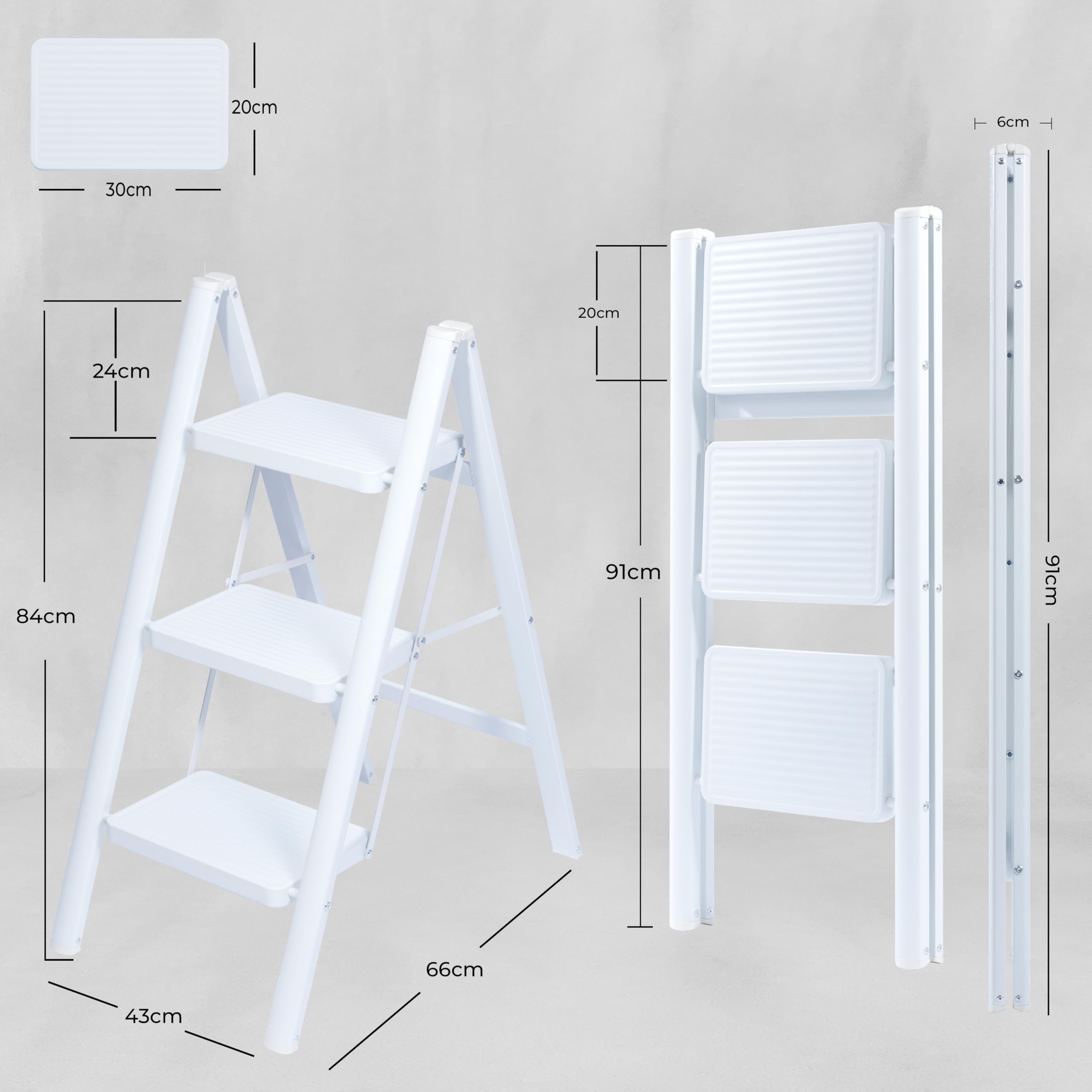 UZIRO Escabeau Pliable 3 Marches, Échelle de Sécurité avec Pieds Antidérapants, Tabouret de Step Idéal pour Maison, Cuisine, Bureau, Ladders Design Compact et Durable (Blanc, 3 Marches)
