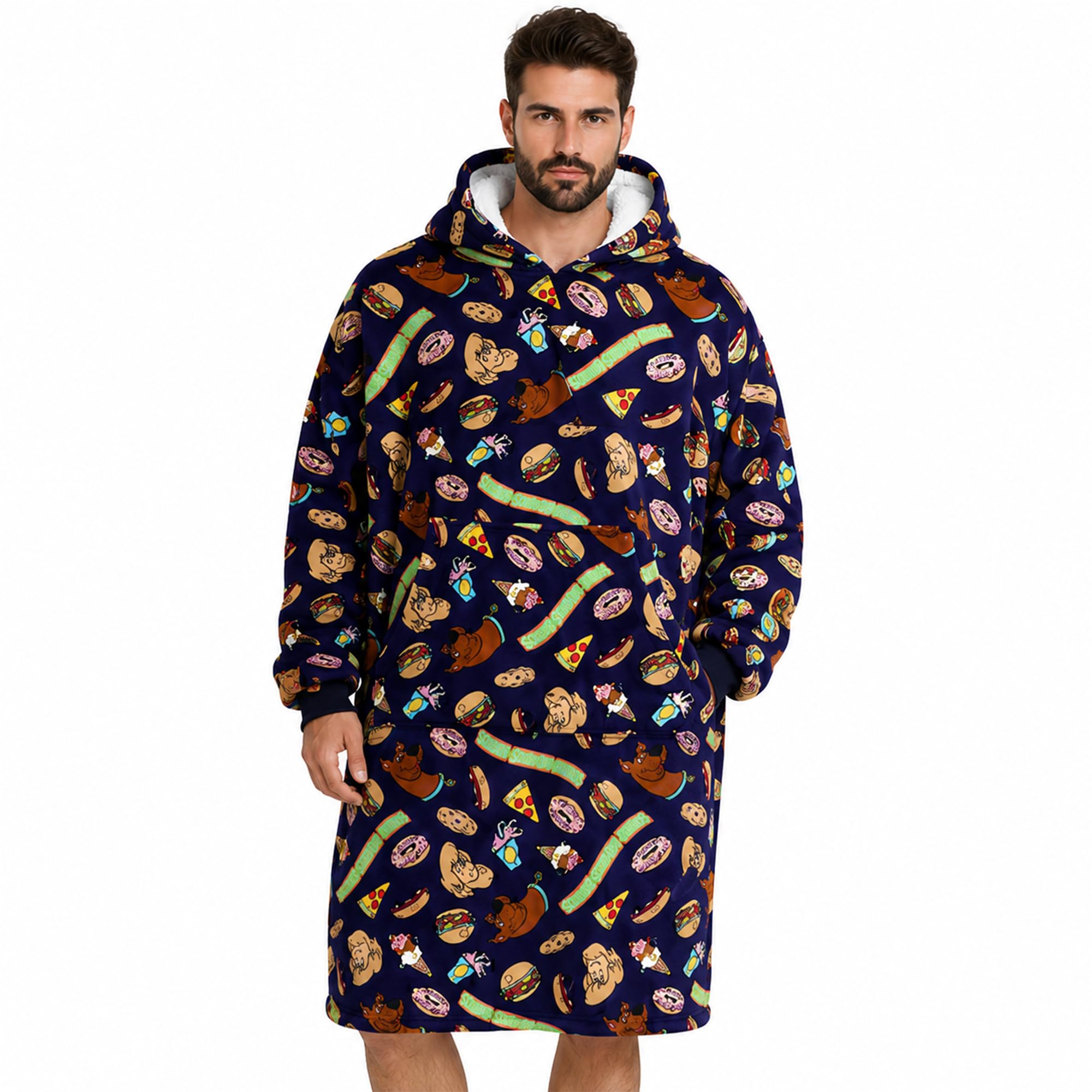 COCO BRANDS Scooby-Doo Cosplay Blanket Hoodie, Oversized Wearable Hoodie, Plush Fleece, One Size, Navy Character Run Print, One size