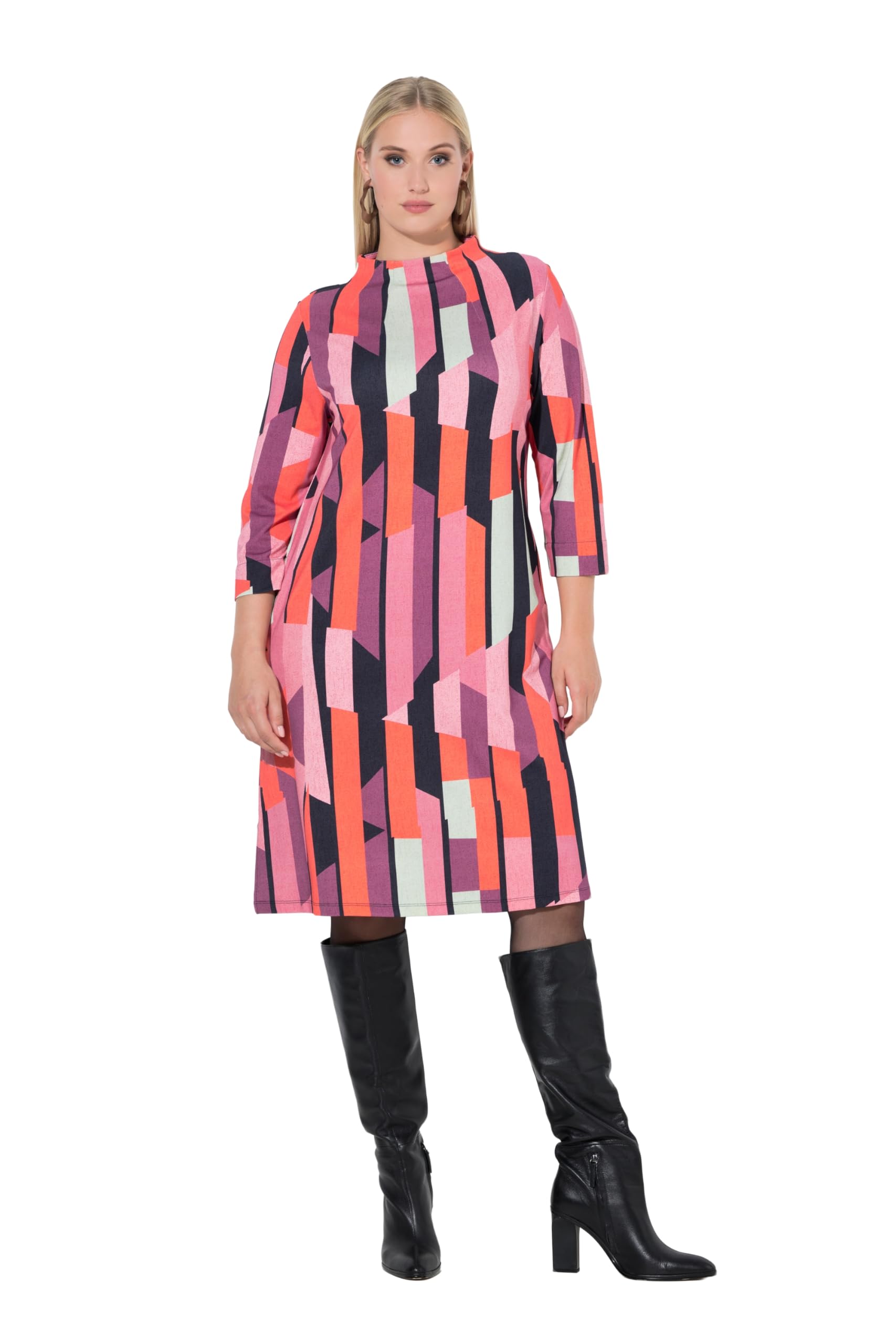 Ulla Popken Damen große Größen Übergrößen Plus Size Punto-Kleid, Streifen, A-Linie, Stehkragen, 3/4-Arm 845794