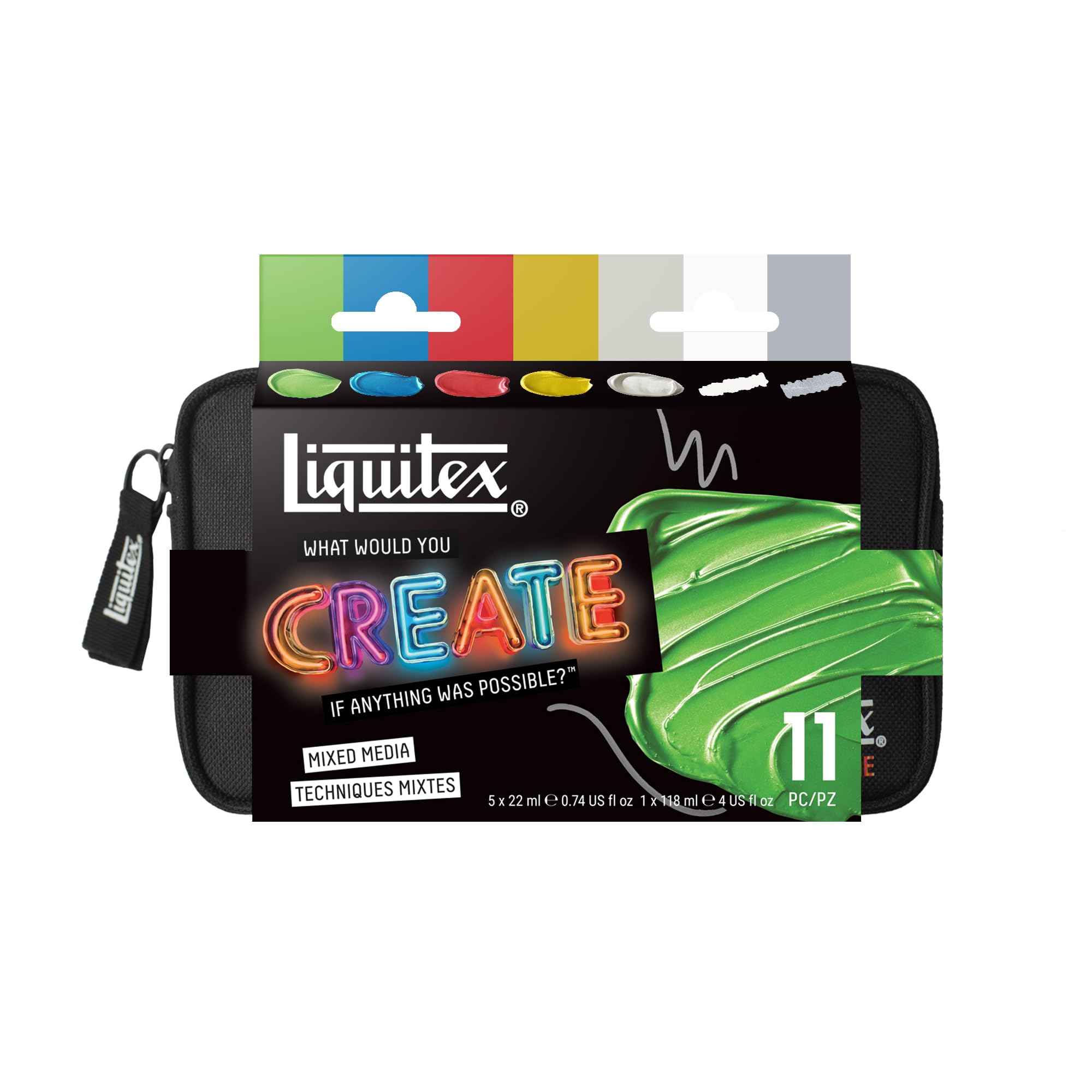 Liquitex WWYC Mixed Media Set – Metaliczne farby akrylowe | Set 3699506: 5 metalicznych farb akrylowych, medium 75 ml, markery i akcesoria – idealny do Mixed Media